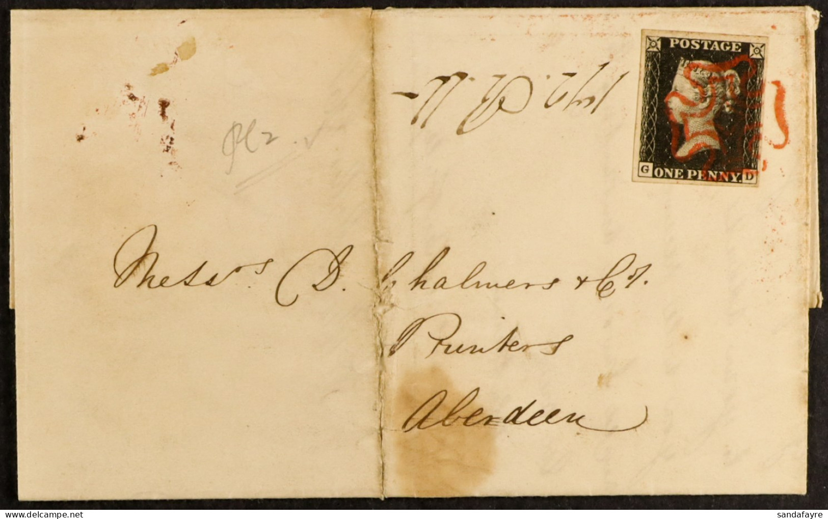 1840 (1 Jul) EL From Edinburgh To Aberdeen Bearing A Rather Lovely 1d Black â€˜GDâ€™ Plate 2 With 4 Good / Huge Neat Mar - Non Classés