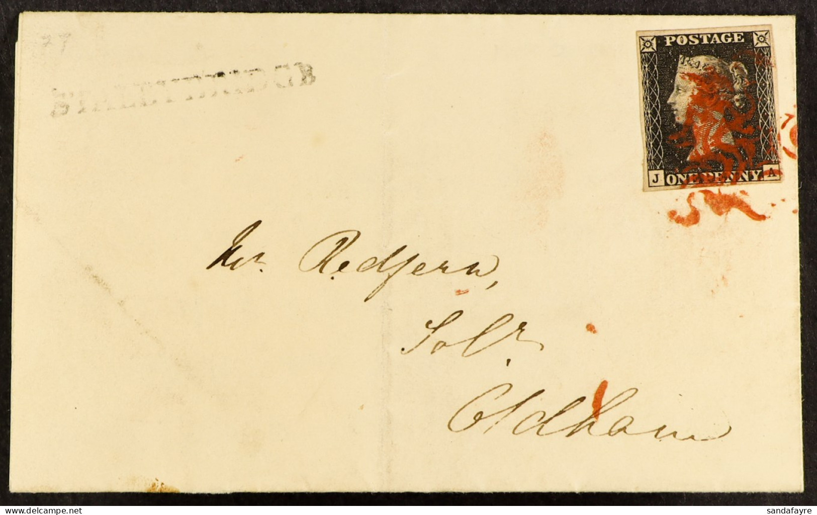 1840 (18 Dec) EL From Stalybridge To Oldham Bearing 1d Black 'JA' Plate 6 With 4 Neat Margins, Tied By Indistinct Red Ma - Zonder Classificatie