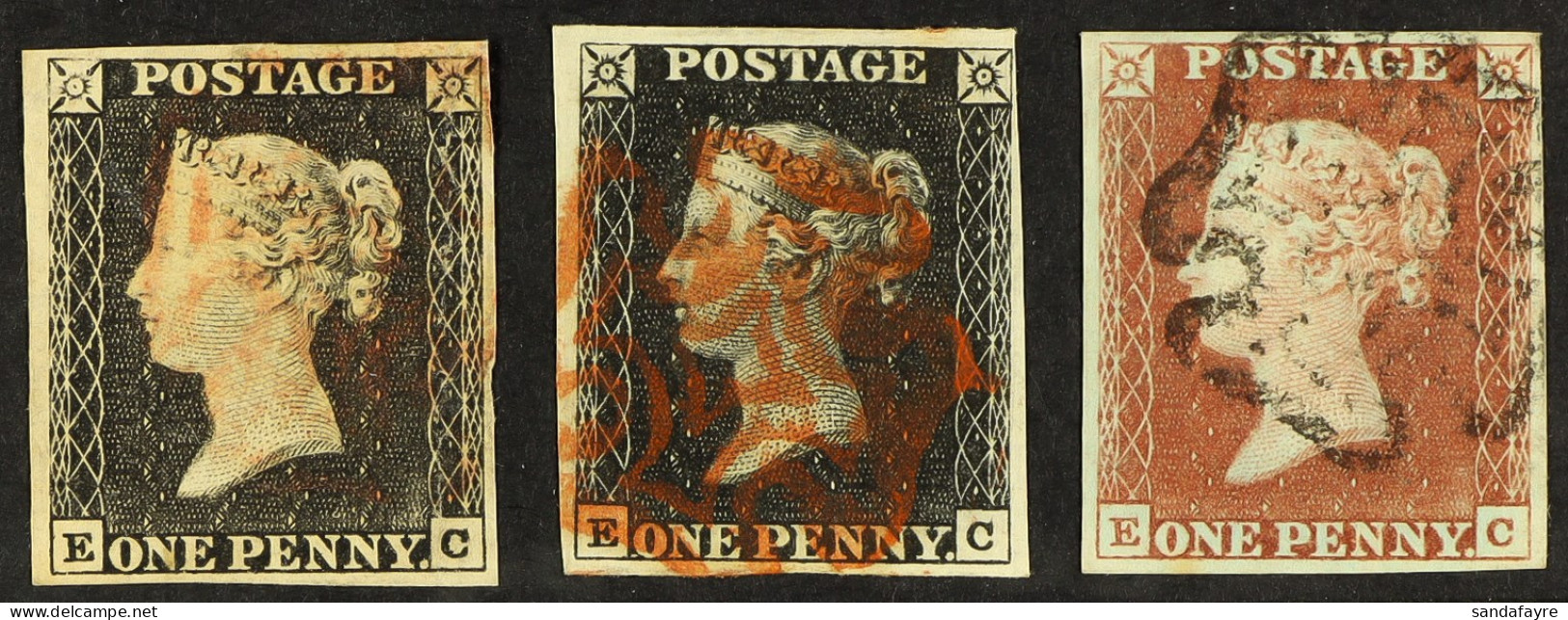 1840 + 1841 1d Black 'EC' Plates 1a & 1b, Plus Matching 1d Red-brown 'EC' Plate 1b, Each Fine Used With 4 Margins, A Sca - Ohne Zuordnung