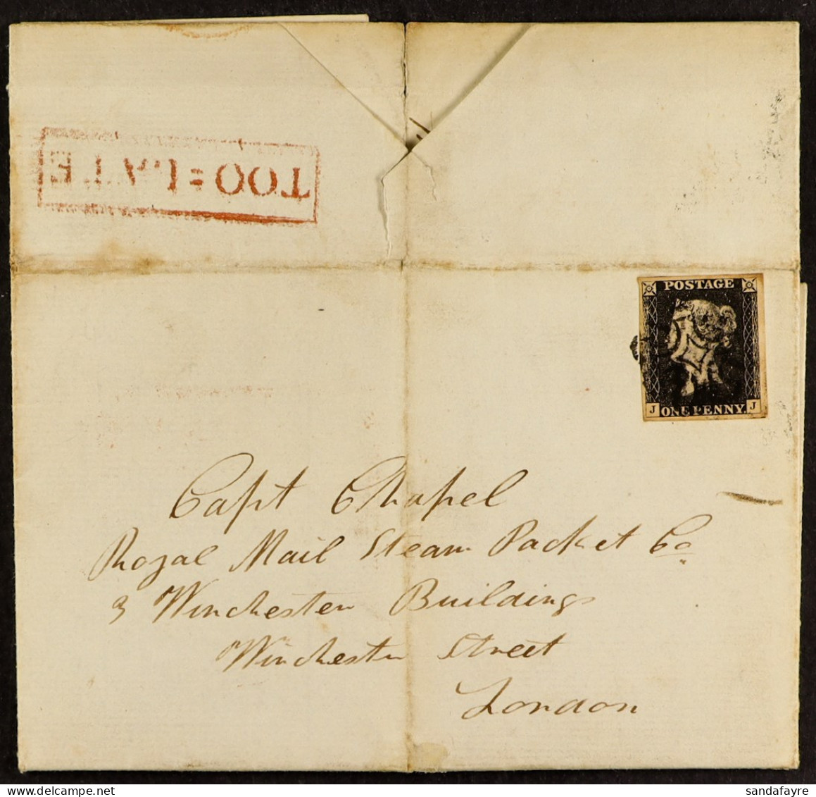 1840 1d Black, Plate 1b 'JJ', Four Margins And Tied By Black Maltese Cross To 1841 (April) Entire Letter Greenock To Lon - Zonder Classificatie