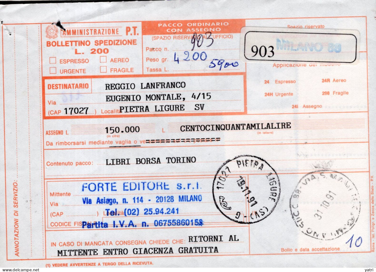 Italia (1991) - Bollettino Pacchi Contrassegno Da Milano Per Pietra Ligure - (libro) - Postal Parcels