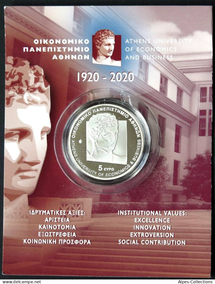 GRX00520.1 - COINCARD GRECE - 2020 - 5 Euros 100ans Université Economie - Argent - Grèce