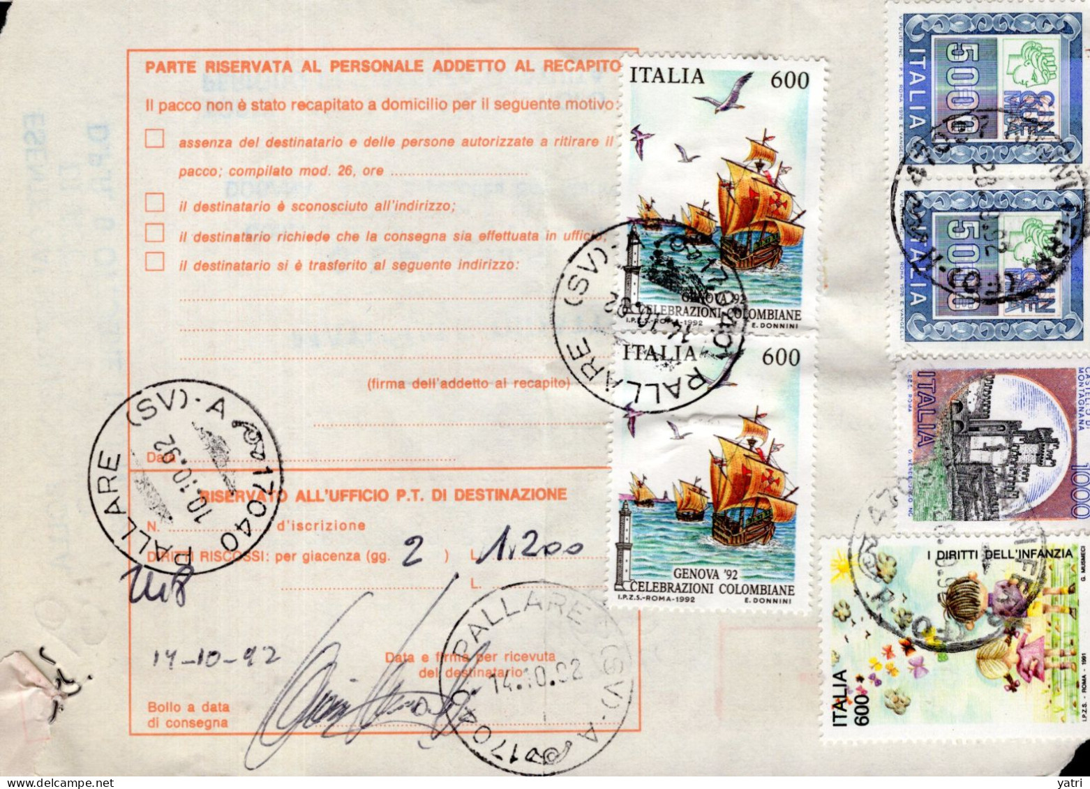 Italia (1992) - Bollettino Pacchi Contrassegno Da San Marino (spedito A Rimini) Per Pallare (SV) - (materiale Didattico) - Paketmarken