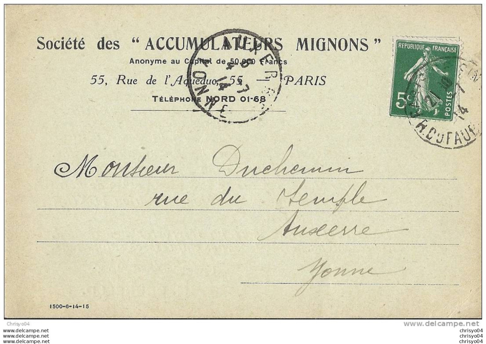 14Ve    CPA COMMERCIALE Sté DES ACCUMULATEURS MIGNONS RUE DE L'AQUEDUC PARIS - Shopkeepers