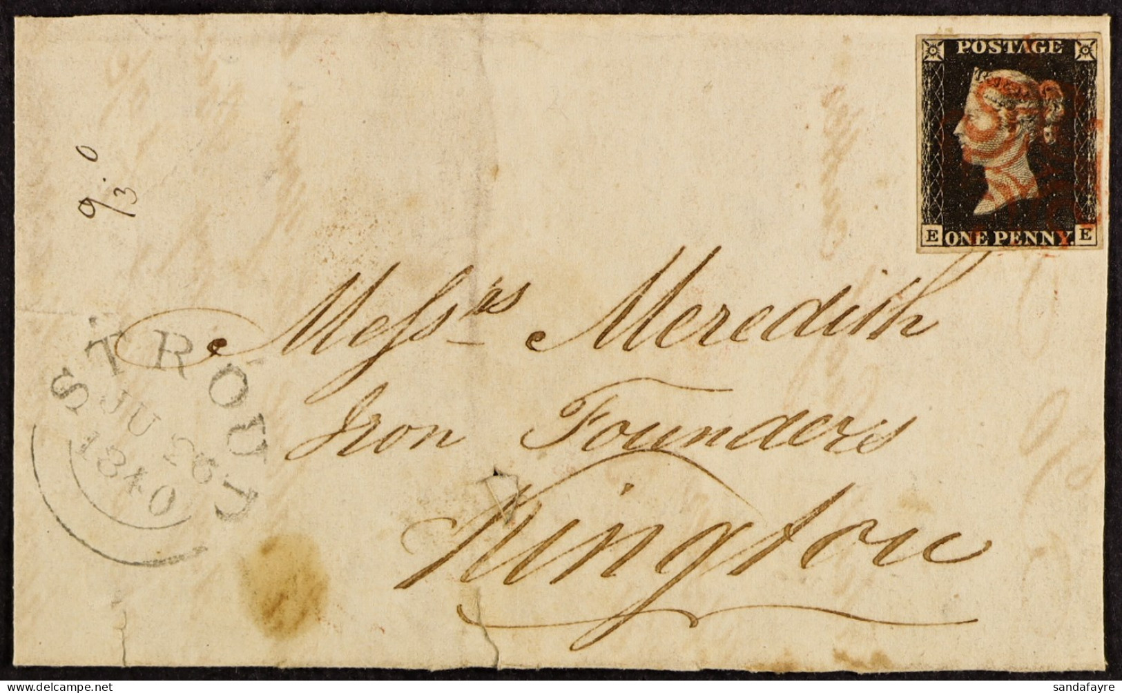 1840 1d Black, Plate 4 'EE', An Attractive Four Margined Example Used On A Front From Stroud, With June 1840 Cds Alongsi - Unclassified