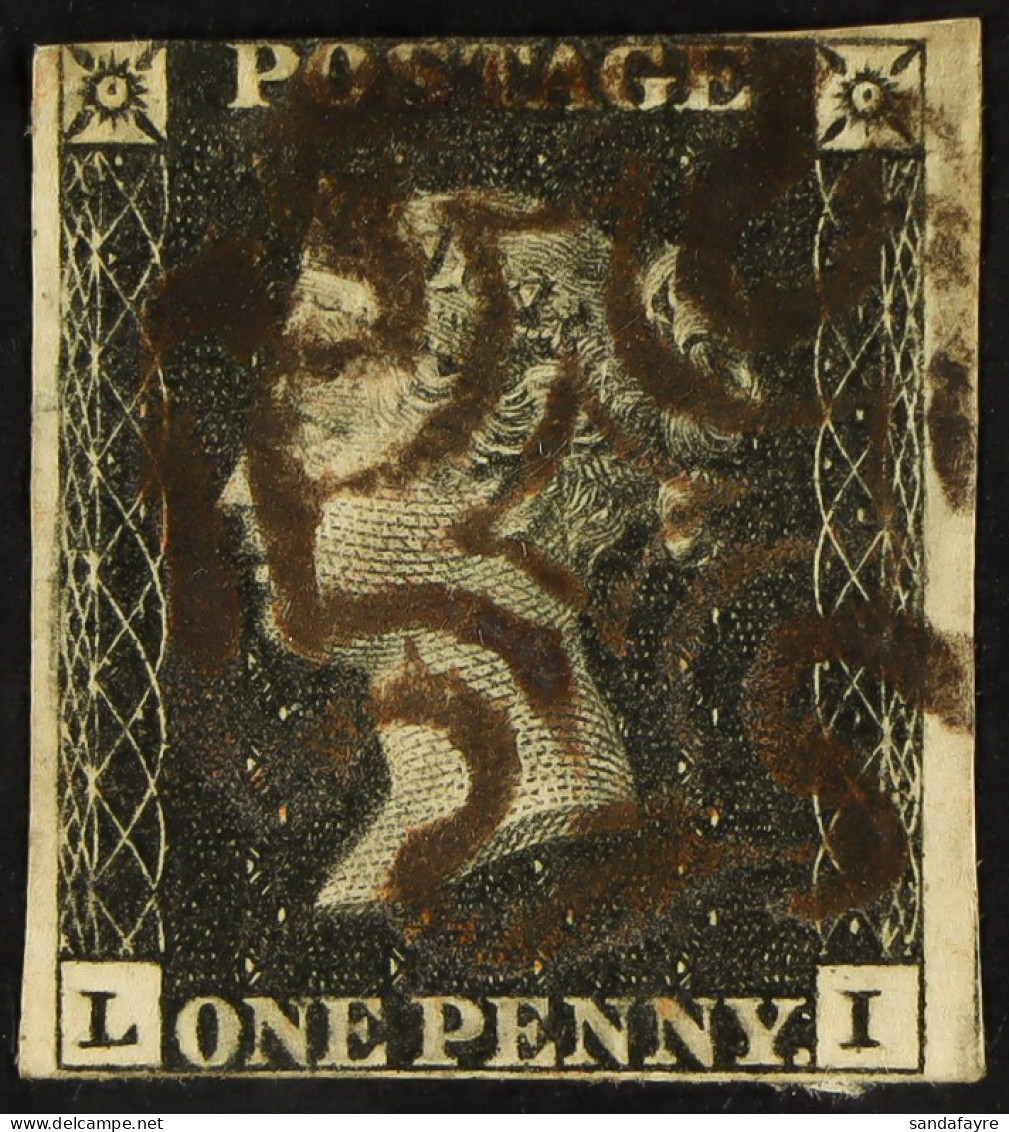 1840 1d Black 'L I' Plate 6, Used With BROWN Maltese Cross Cancellation, 3 Small To Huge Margins Just Touching At Top. S - Zonder Classificatie