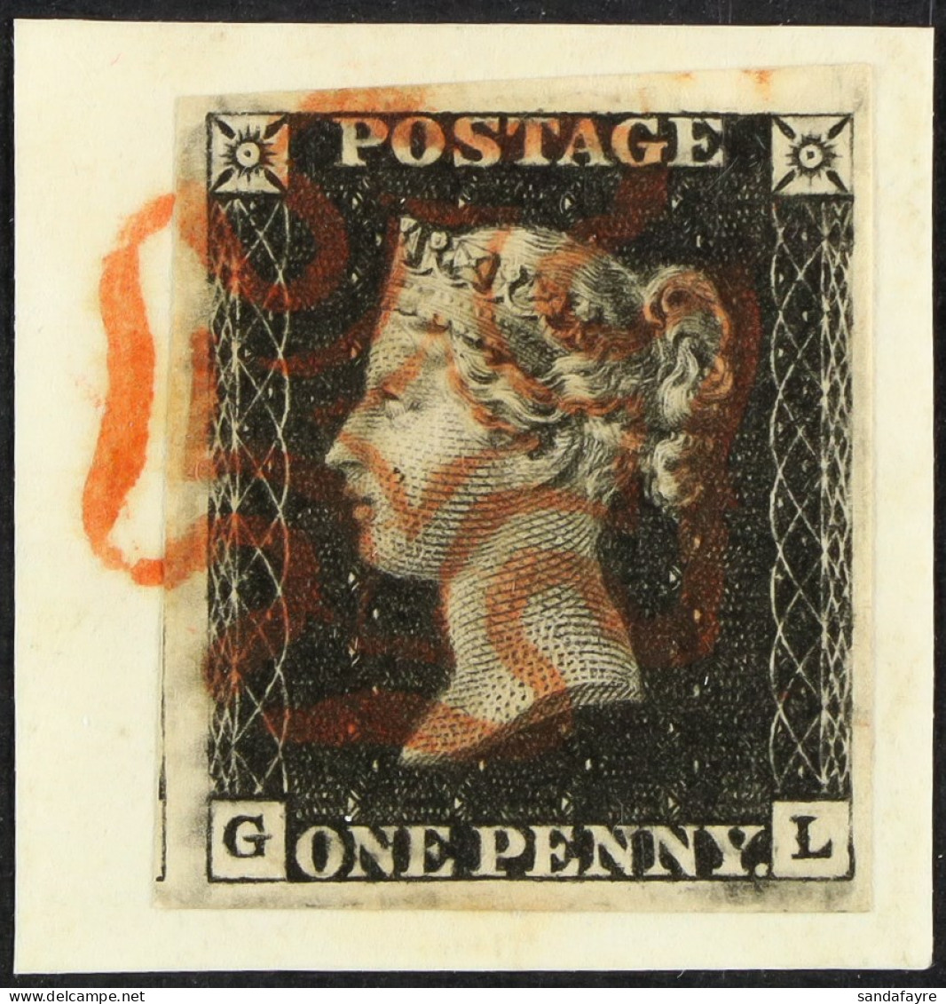 1840 1d Black 'GL' Plate 4, SG 2, Used With 4 Good To Enormous Margins, Tied To Piece By Very Fine Red MC Cancellation. - Zonder Classificatie