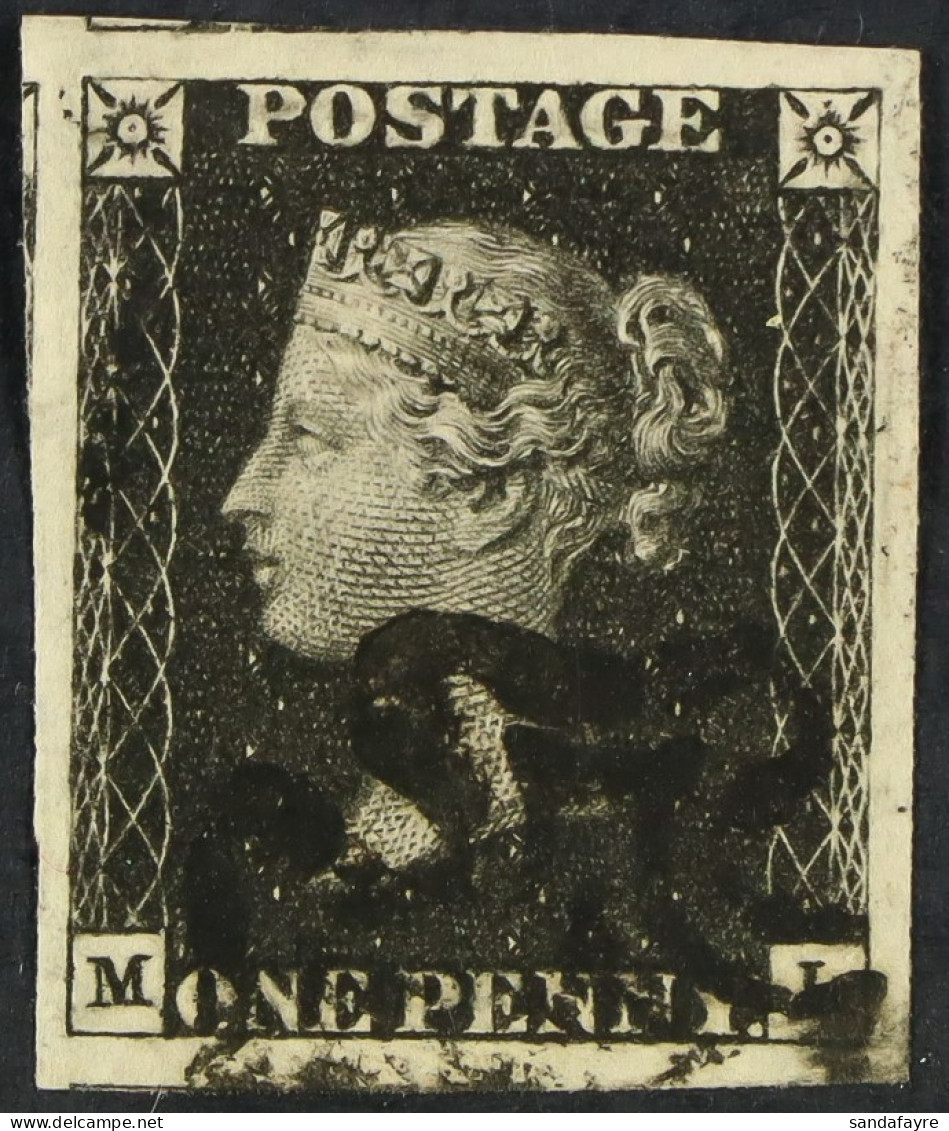 1840 1d Intense Black 'ML' Plate 1b, SG 1, Used With 4 Enormous Margins (shows Portions Of 3 Adjoining Stamps) And Black - Unclassified