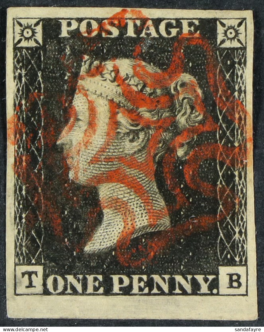 1840 1d Intense Black 'TB' Plate 4, SG 1, Used With 4 Good To Enormous Margins & Bright Red MC Cancellation. - Unclassified