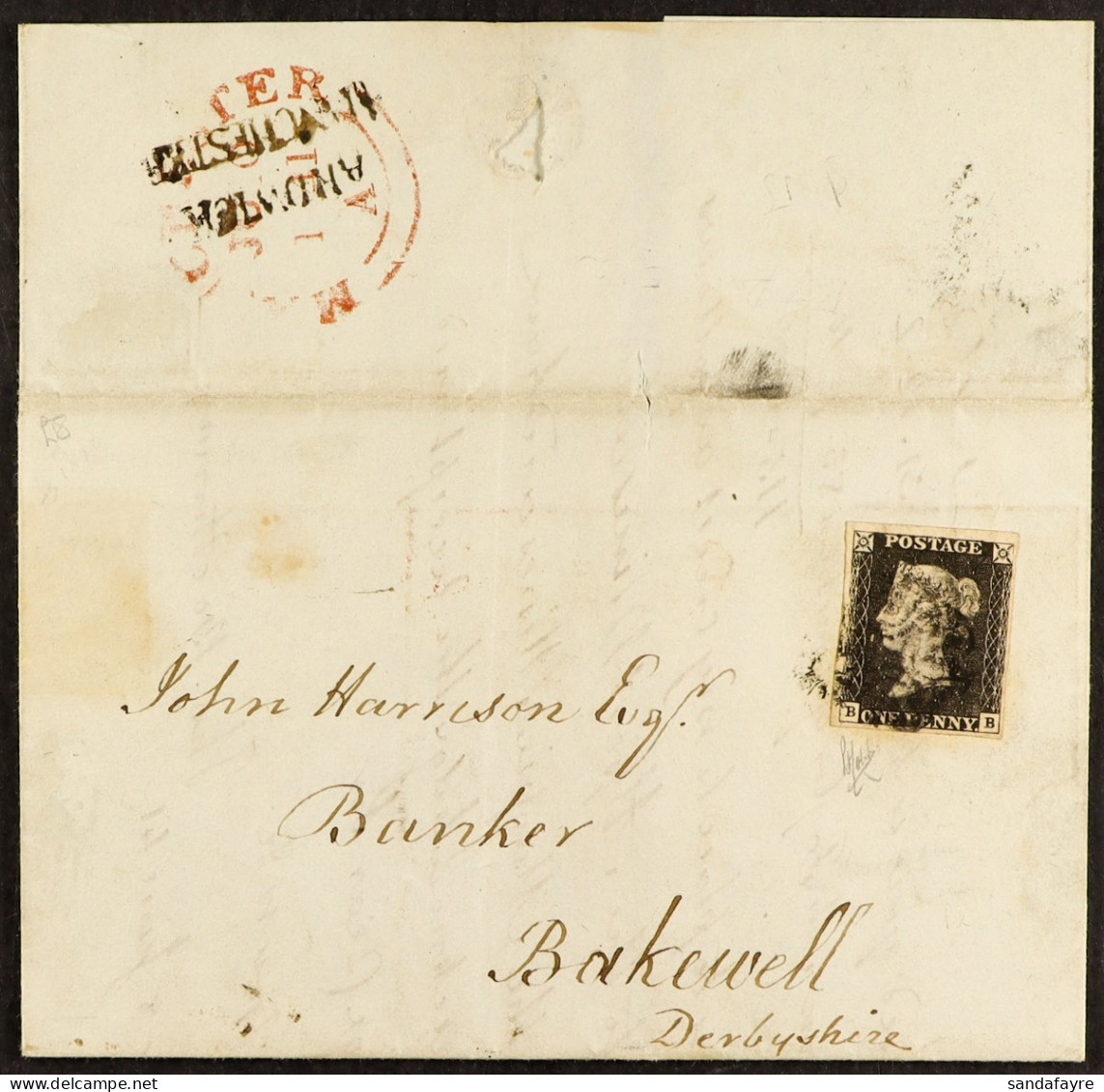 1841 (8 Jun) EL From Ardwick, Manchester To Bakewell Bearing 1d Black BB' Plate 4 With By Black Maltese Cross, On Revers - Ohne Zuordnung