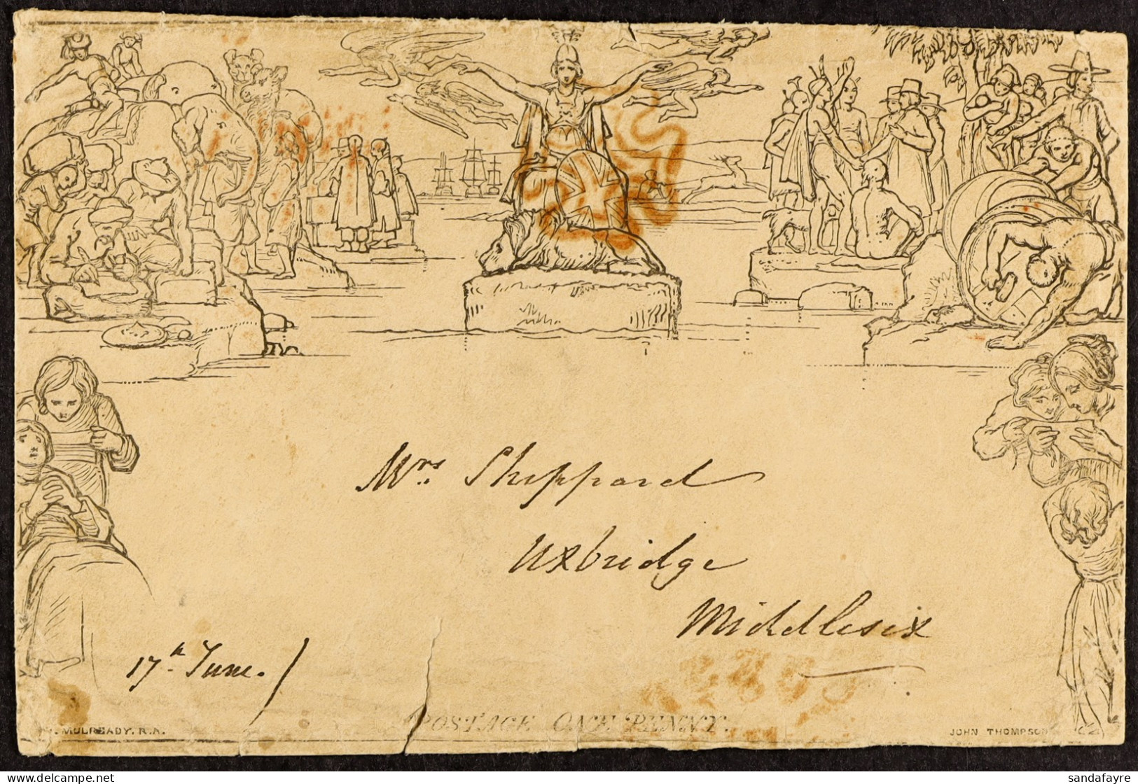 1840 (17 Jly) 1d Black Mulready Envelope (stereo A174) Sent From Leicester To Uxbridge, Cancelled Red MC Cancellation, S - Andere & Zonder Classificatie