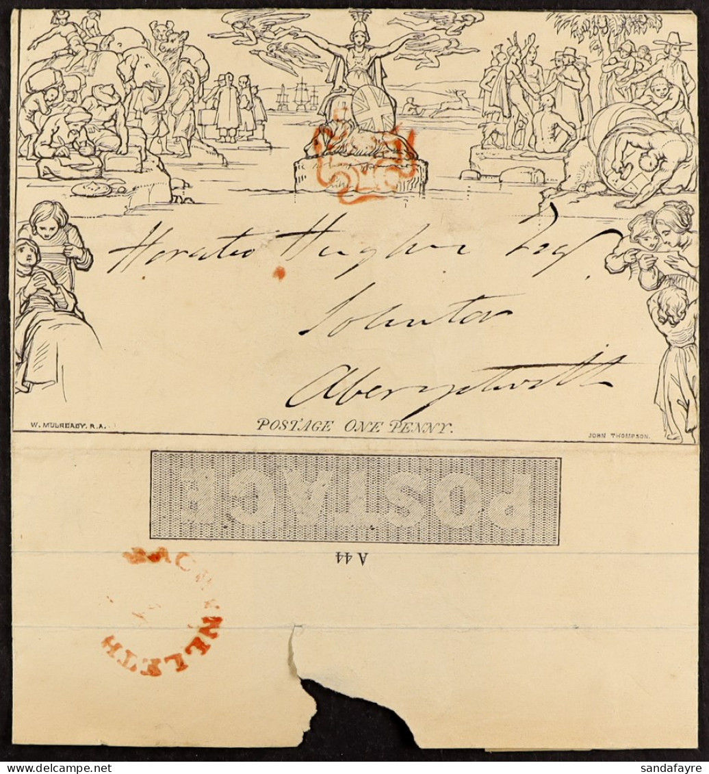 1840 (26 Sept) 1d Black Mulready Letter Sheet (stereo A44) Sent From Glandyfi Castle (Ceredigion, Wales) With Bright Red - Autres & Non Classés