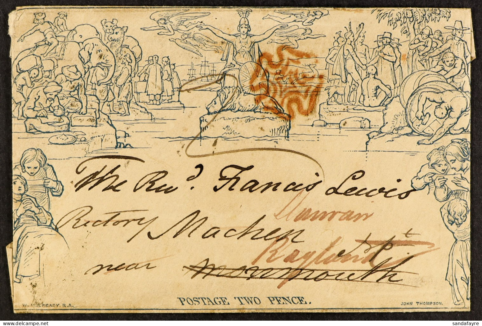1840 (29 July) 2d Blue Mulready Envelope (stereo A202) Sent From London To Machen, Monmouth Cancelled By Fine Red Maltes - Andere & Zonder Classificatie