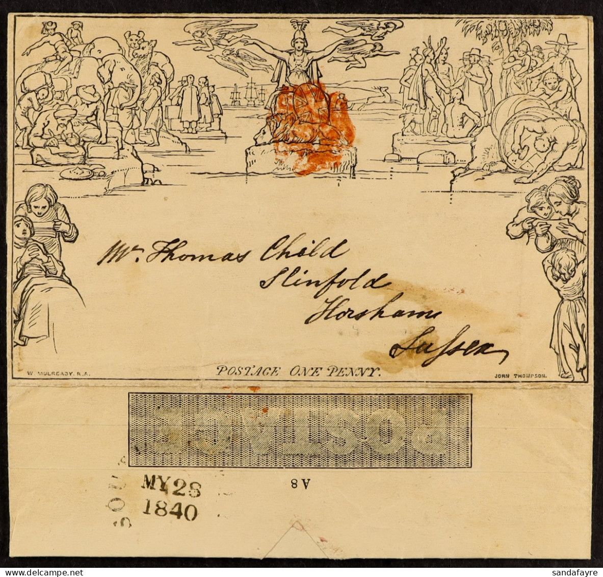 1840 MAY DATE. 1840 (28 May) 1d Black Mulready Letter Sheet Used With Orange Maltese Cross And Very Fine 'MY 28 1840' Cd - Andere & Zonder Classificatie