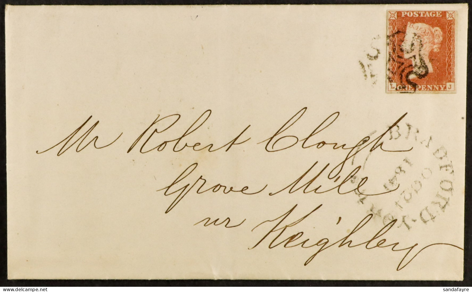 1841 (21 Oct) EL From Bradford To Nr Keighley Bearing 1d Red-brown 'LJ' Plate 2 'black Plate' With 4 Neat Margins Tied B - Other & Unclassified