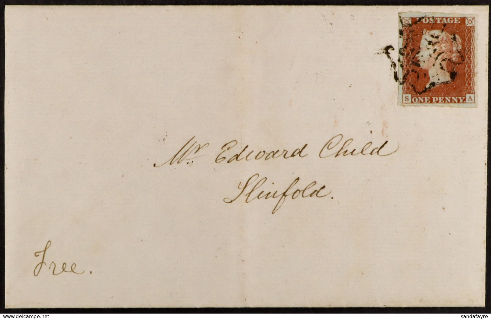 1841 (30 Apr) EL From Horsham To Slinfold Bearing 1d Red-brown Plate 9 'black Plate' With 4 Large Neat Margins Tied By L - Sonstige & Ohne Zuordnung