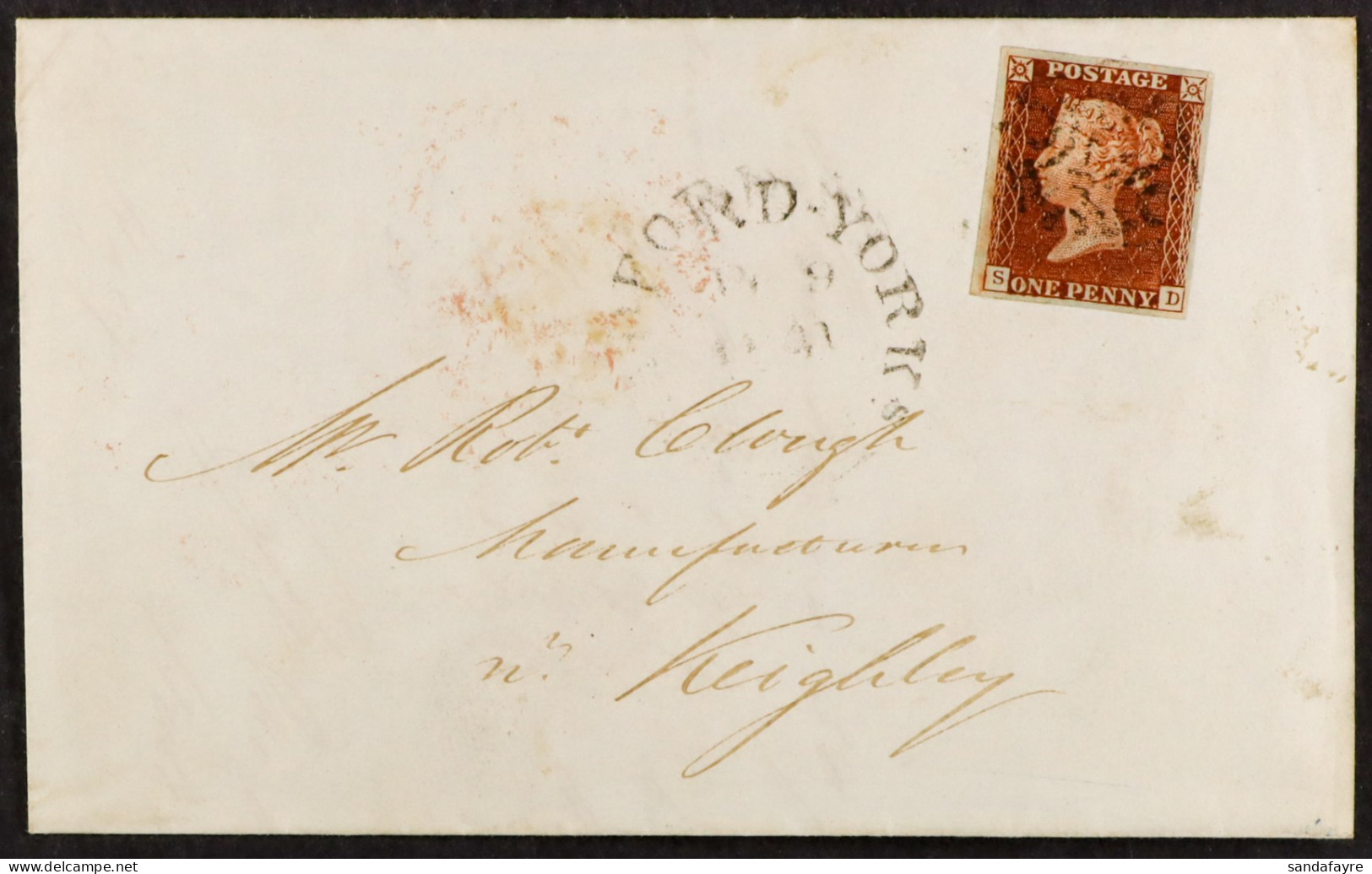 1841 (9 Sept) EL From Halifax To Keighley Bearing 1d Red-brown 'SD' Plate 11 'black Plate' With 4 Good To Huge Margins,  - Andere & Zonder Classificatie