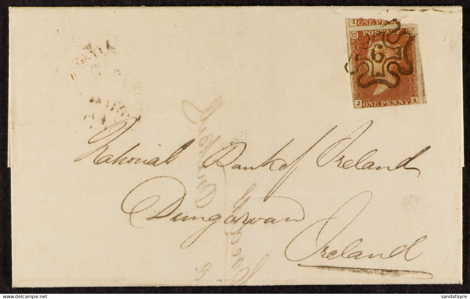 1841 1d Red Plate 33 (3 Margins), On Wrapper To Ireland, Tied Neat Upright '6' In Maltese Cross. Cat. Â£350. - Other & Unclassified