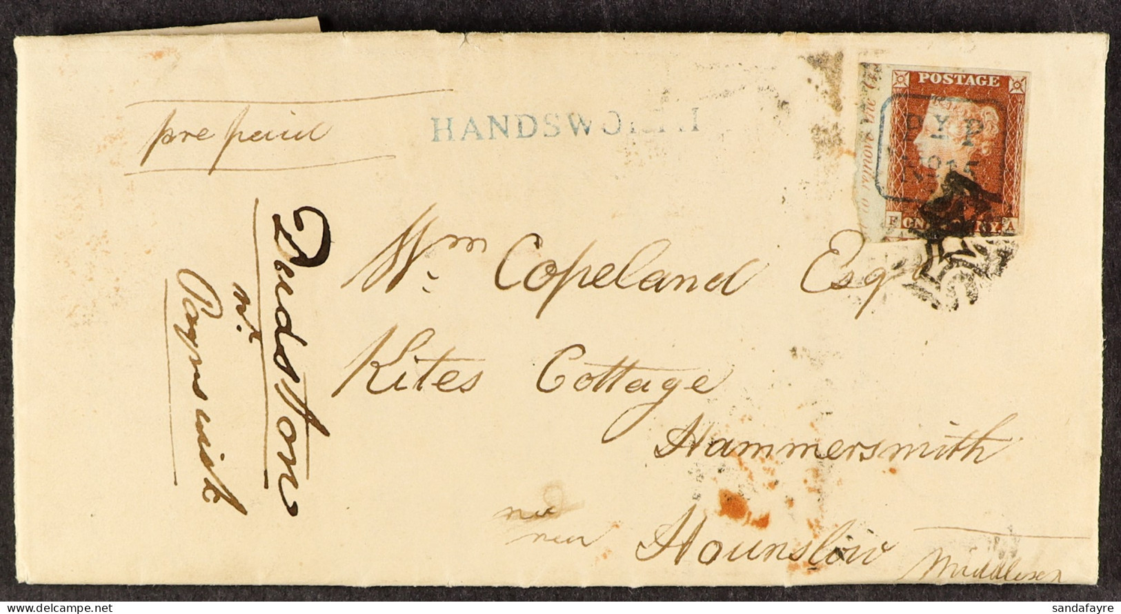1841 1d Red-brown Imperf 'FA' Plate 14 With 4 Margins & Part Selvage Inscription At Left Cancelled By Blue Framed 'Py.P  - Sonstige & Ohne Zuordnung