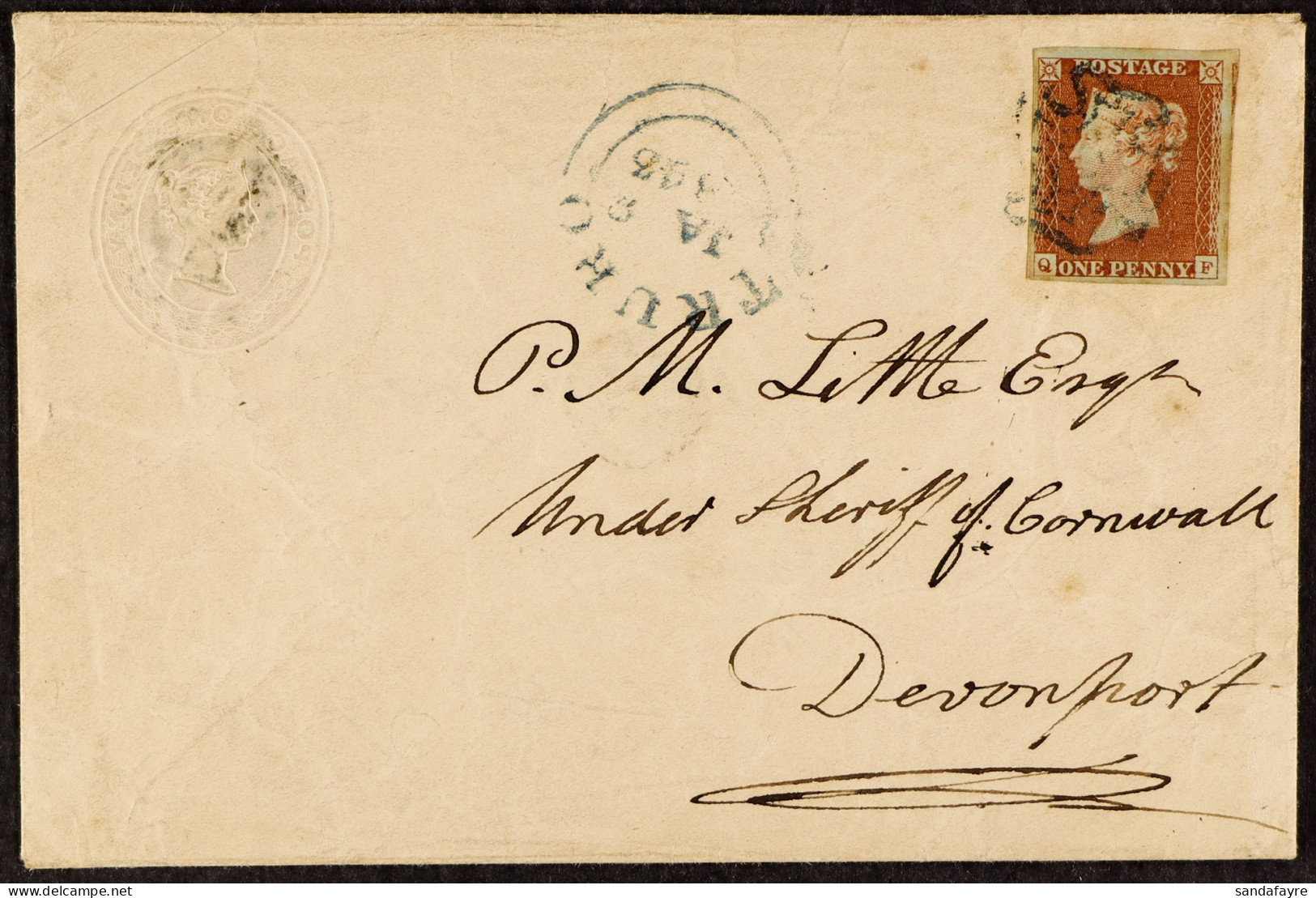 1843 (8 Jan) A 'turned' And Reused 1d Pink Stationery Envelope Sent From Truro To Devonport Bearing 1d Red-brown With 4  - Other & Unclassified
