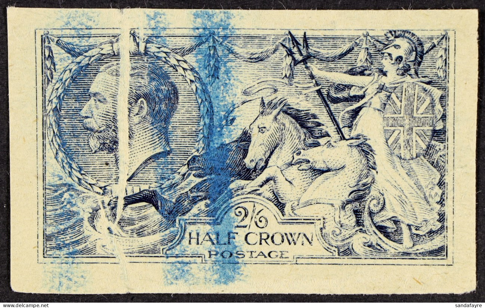 1913 2s6d Waterlow Seahorse Rough Plate Proof In Indigo On Buff Unwatermarked Paper, Vertical Blue Crayon Lines And Pre- - Unclassified