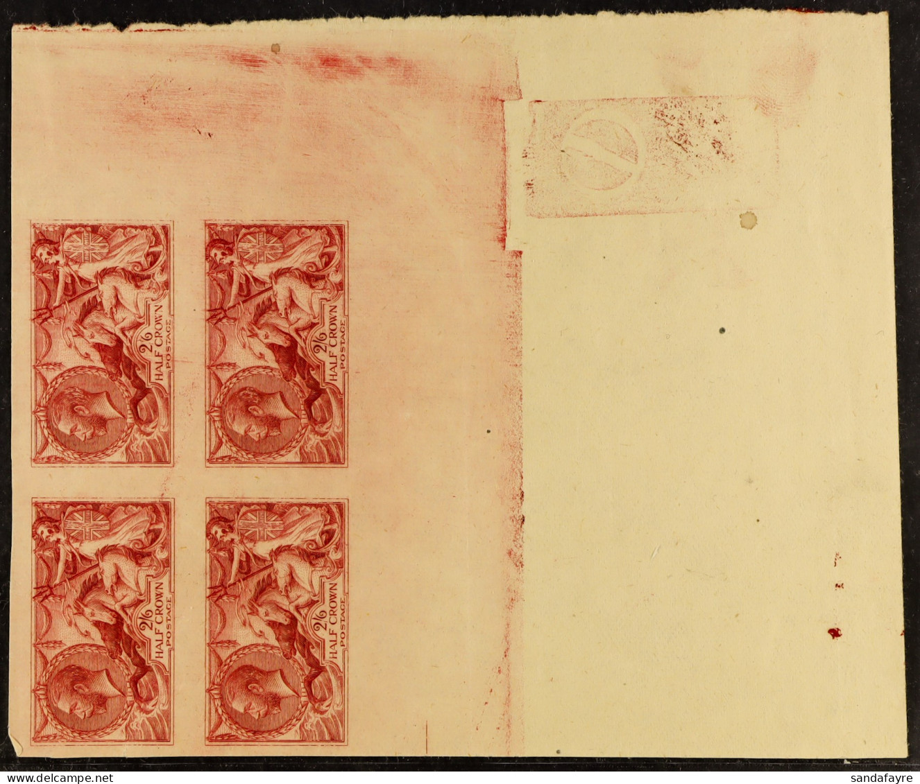 1915 2s6d De La Rue Seahorse Imperforate Proof In Carmine On Buff Unwatermarked Paper, In Lower-right Corner Block Of 4  - Non Classés