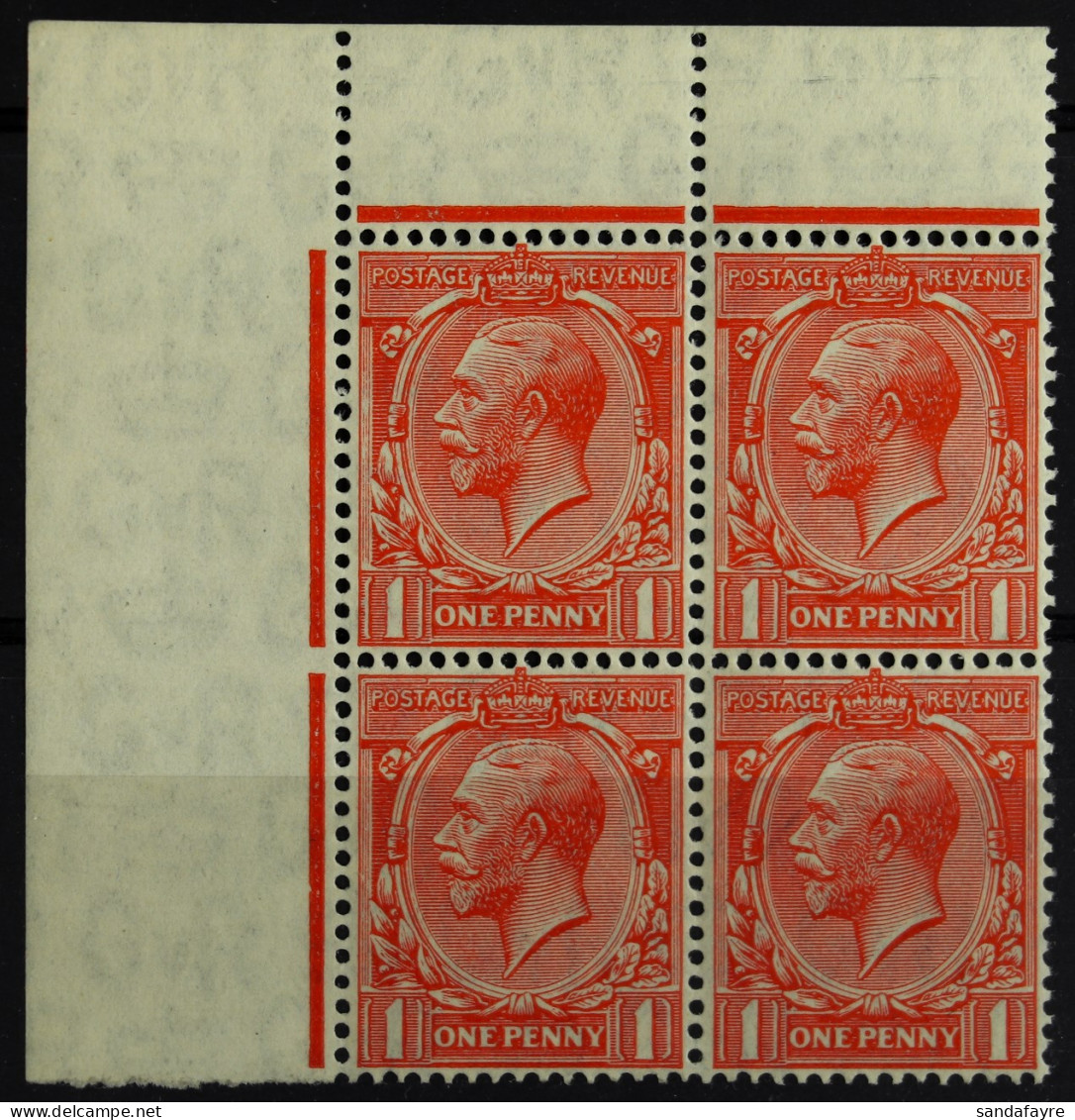 1924-26 1d Scarlet Vermilion, On Experimental Paper, SG 419b, Upper Left Corner Block Of Four, Never Hinged Mint. Cat Â£ - Unclassified