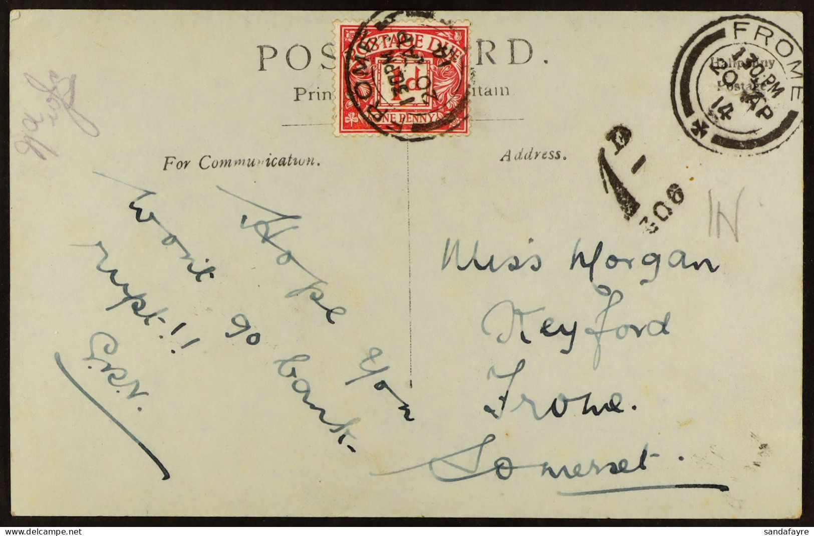 POSTAGE DUES RARE FIRST DAY OF USAGE 1914 (20 Apr) Locally Addressed Unpaid Picture Postcard Bearing Postage Due 1914 1d - Non Classés