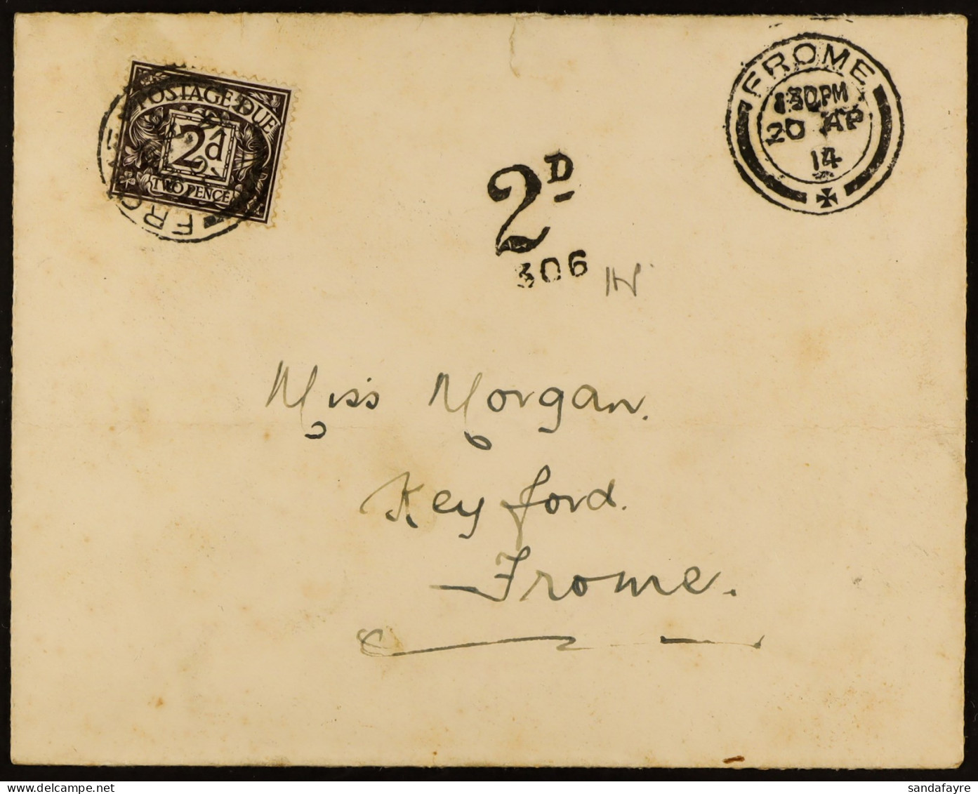 POSTAGE DUES RARE FIRST DAY COVER 1914 (20 Apr) Locally Addressed Unpaid Cover Bearing Postage Due 1914 2d Agate Stamp ( - Zonder Classificatie