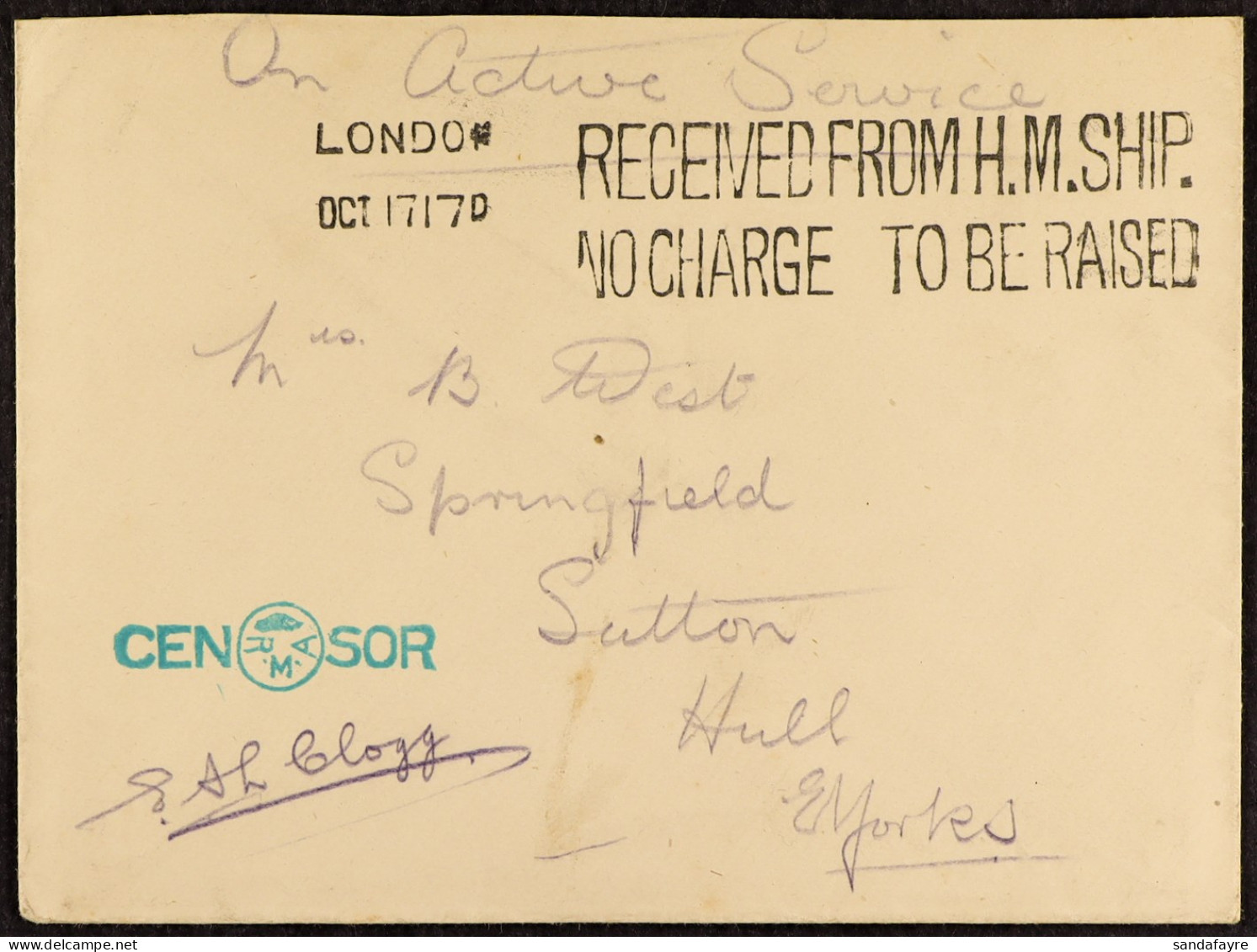 WWI NAVAL Stampless Env With Royal Military Artillery Censor Mark In Greenish Blue 'CEN'O'SOR' (RMA). - Unclassified