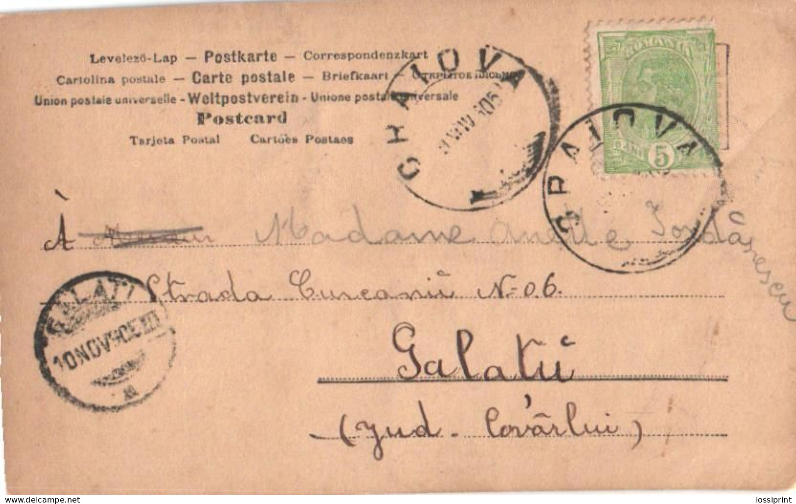 Romania:Postcard From Chaiova To Galati, 1905 - Lettres & Documents