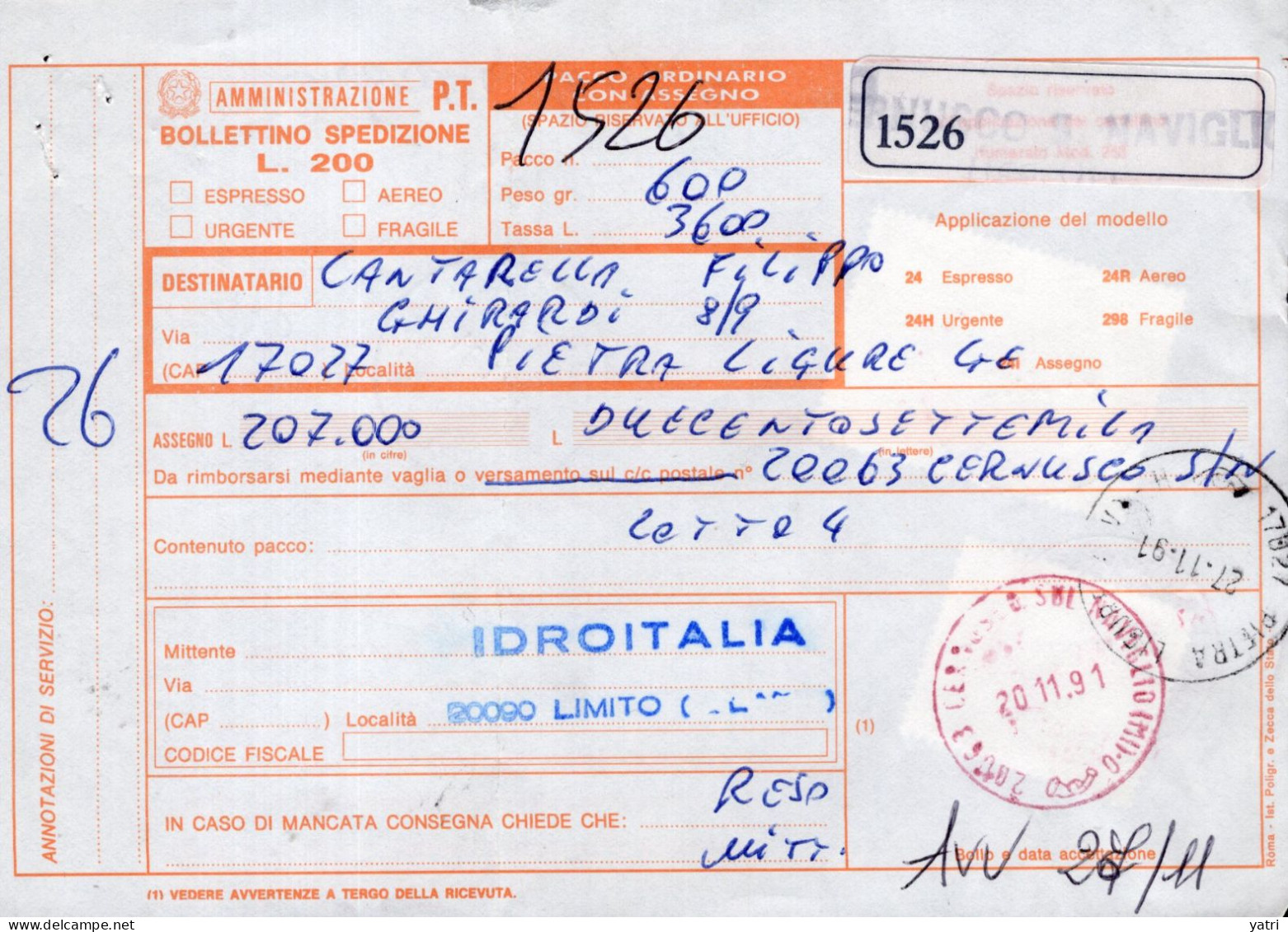 Italia (1991) - Bollettino Pacchi Contrassegno Da Limito Di Pioltello (MI) Per Pietra Ligure - Postpaketten