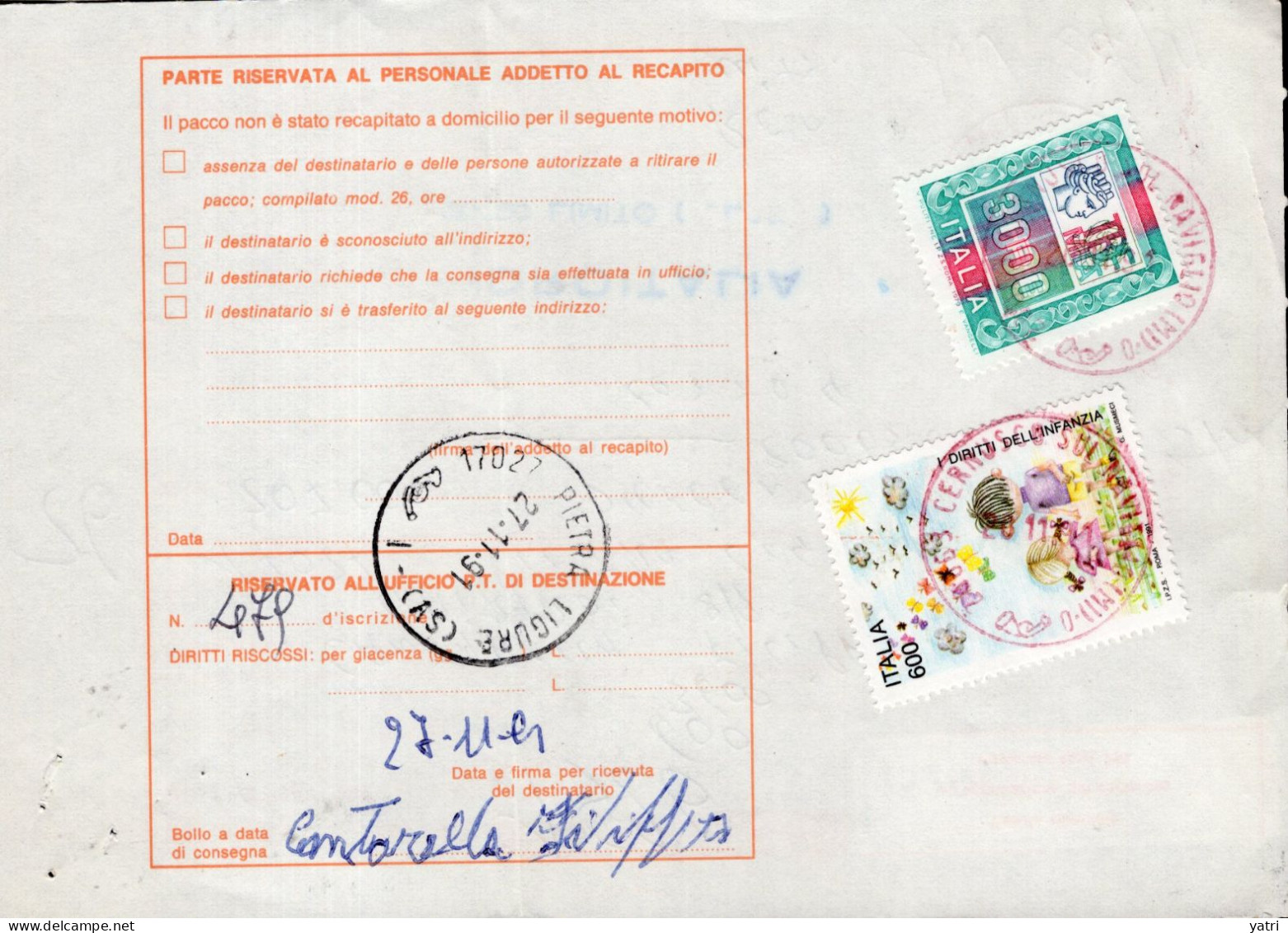 Italia (1991) - Bollettino Pacchi Contrassegno Da Limito Di Pioltello (MI) Per Pietra Ligure - Postal Parcels