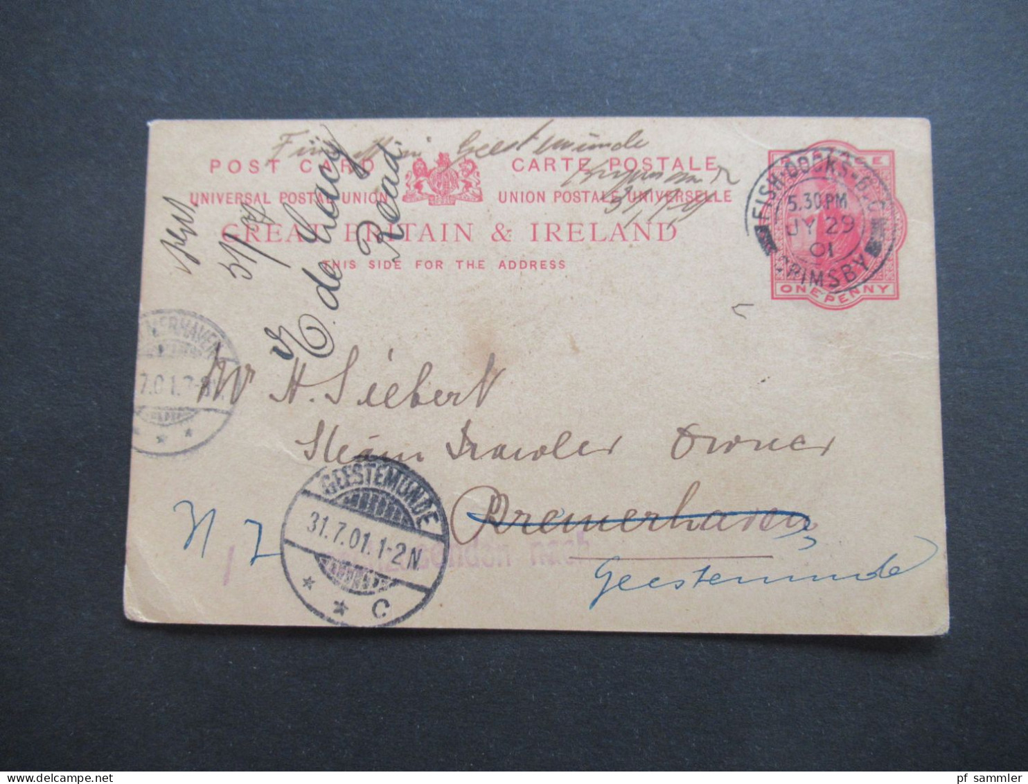 GB 1901 Ganzsache Mit Stempel Grimsby Fish Docks Nach Bremerhaven Und Violetter L1 Nachsenden Nach Geestemünde - Briefe U. Dokumente