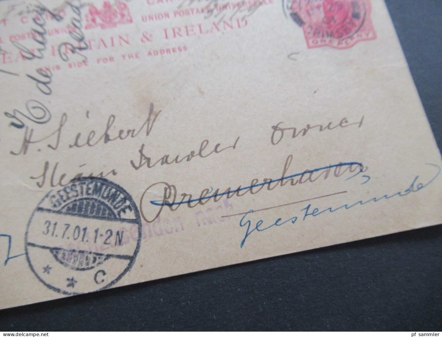 GB 1901 Ganzsache Mit Stempel Grimsby Fish Docks Nach Bremerhaven Und Violetter L1 Nachsenden Nach Geestemünde - Cartas & Documentos