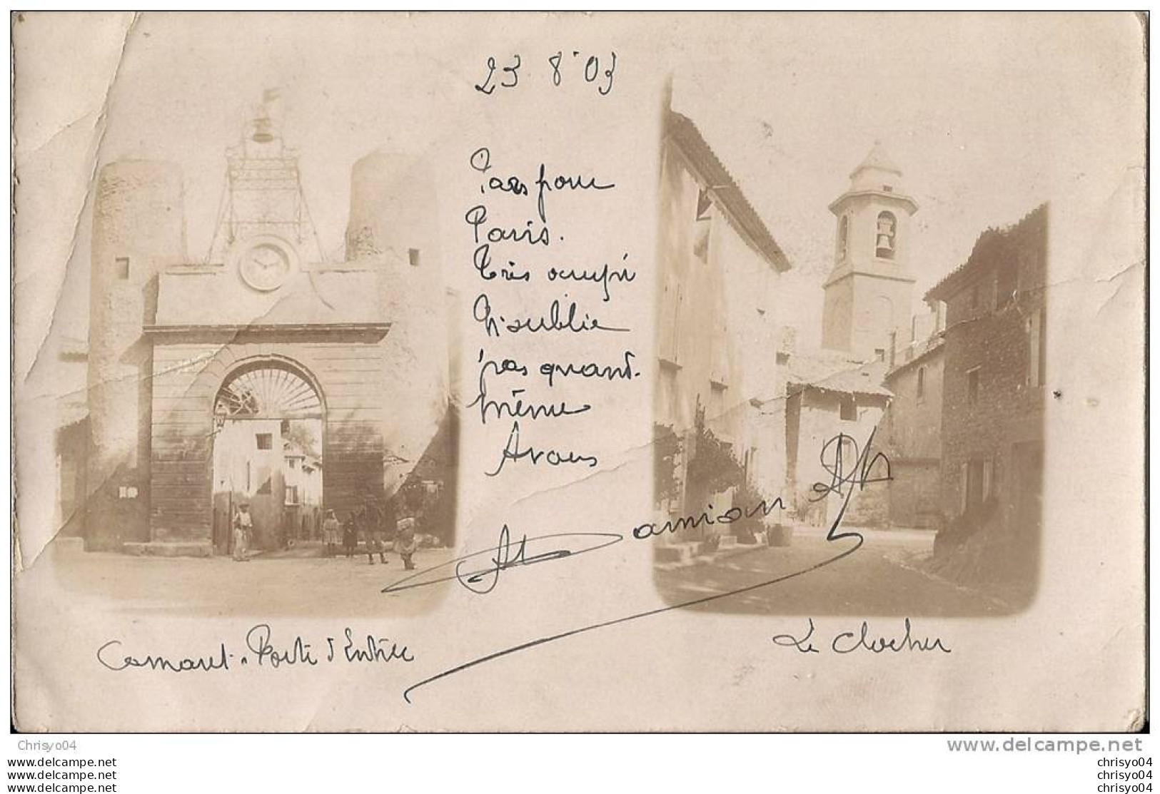 28Vo  84 CAMARET CARTE PHOTO 2 VUES PORTE ENTREE ET LE CLOCHER (DOS NON DIVISE) - Camaret Sur Aigues