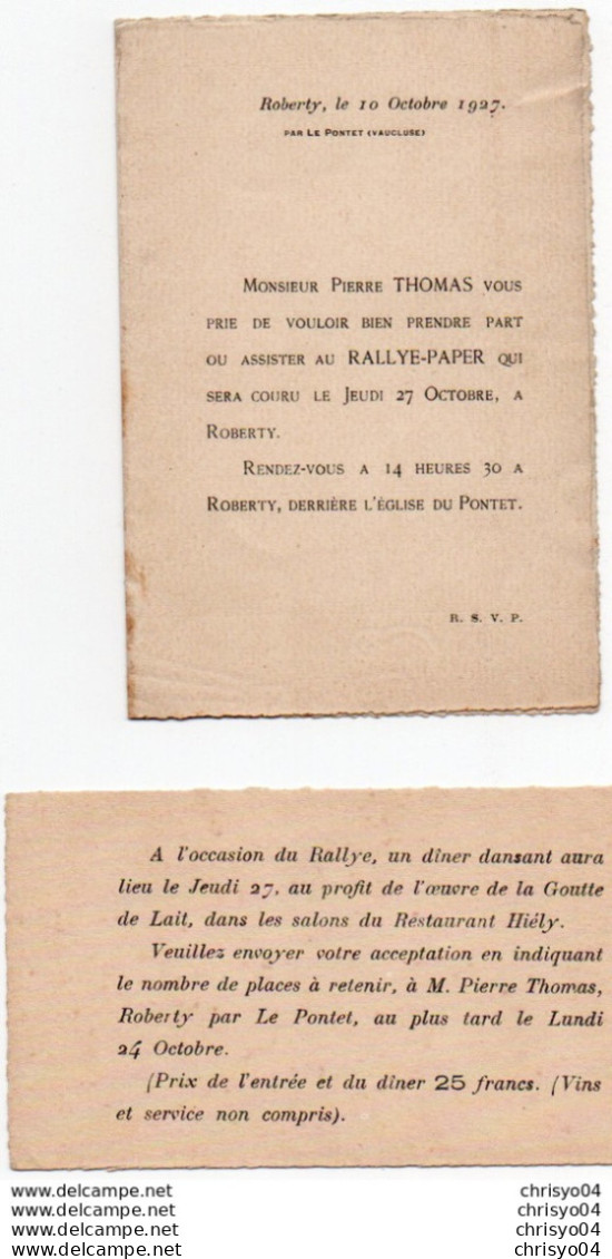 86Mrn  84 Roberty Par Le Pontet Invitation Au Rallye Paper Et Diner Dansant En 1927 - Le Pontet