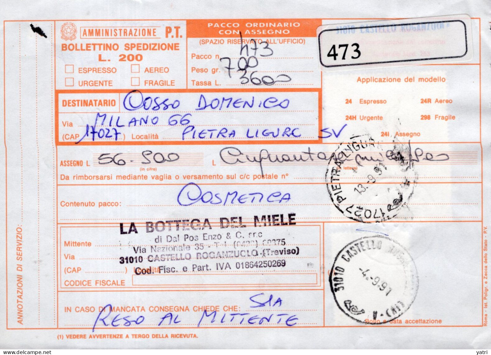 Italia (1991) - Bollettino Pacchi Contrassegno Da Castello Roganzuolo - San Fior (TV) Per Pietra Ligure - (cosmetica) - Postal Parcels