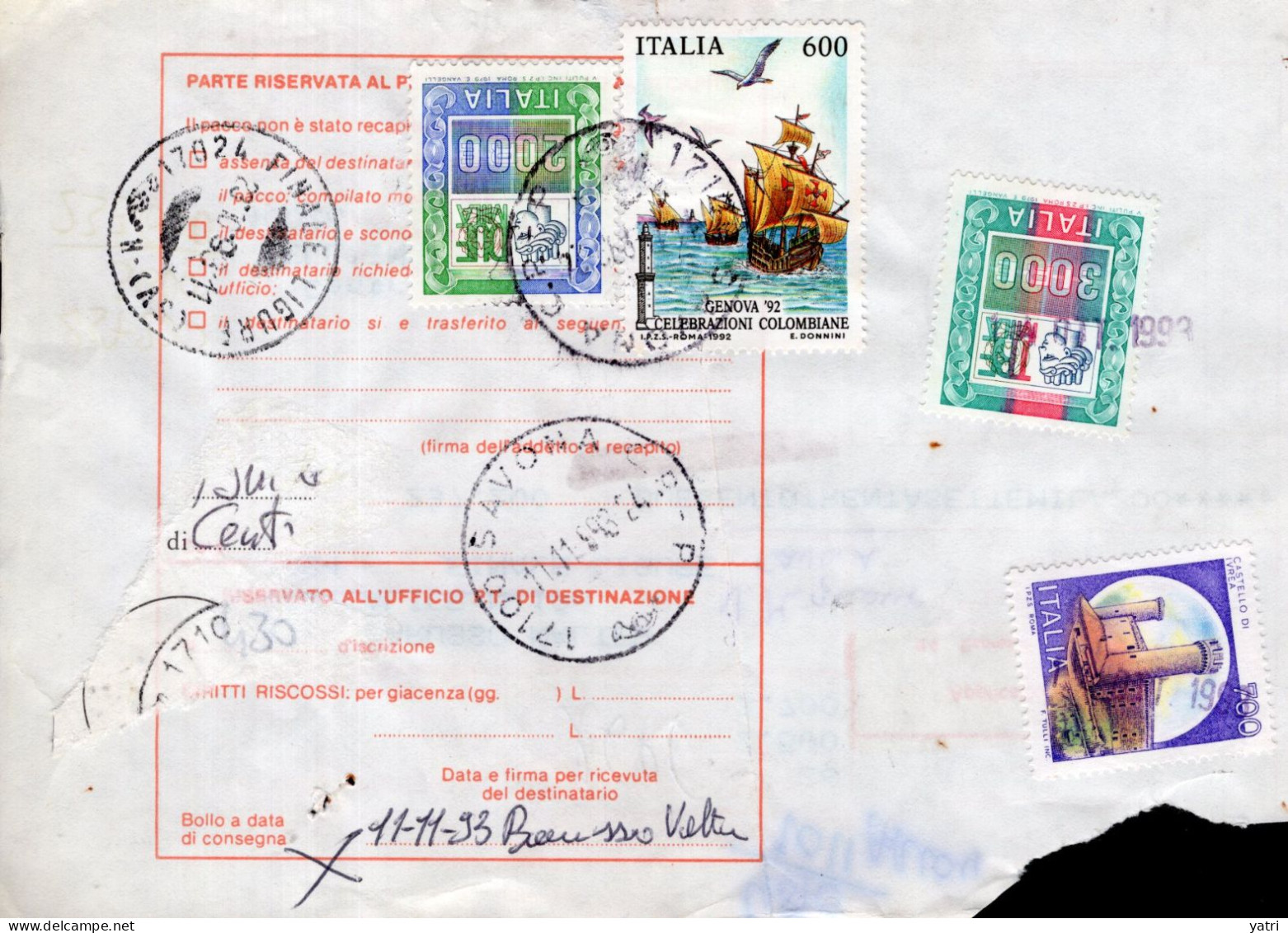 Italia (1993) - Bollettino Pacchi Contrassegno Da Imola Per Finale Ligure, Rispedito A Savona - (materiale Didattico) - Postal Parcels