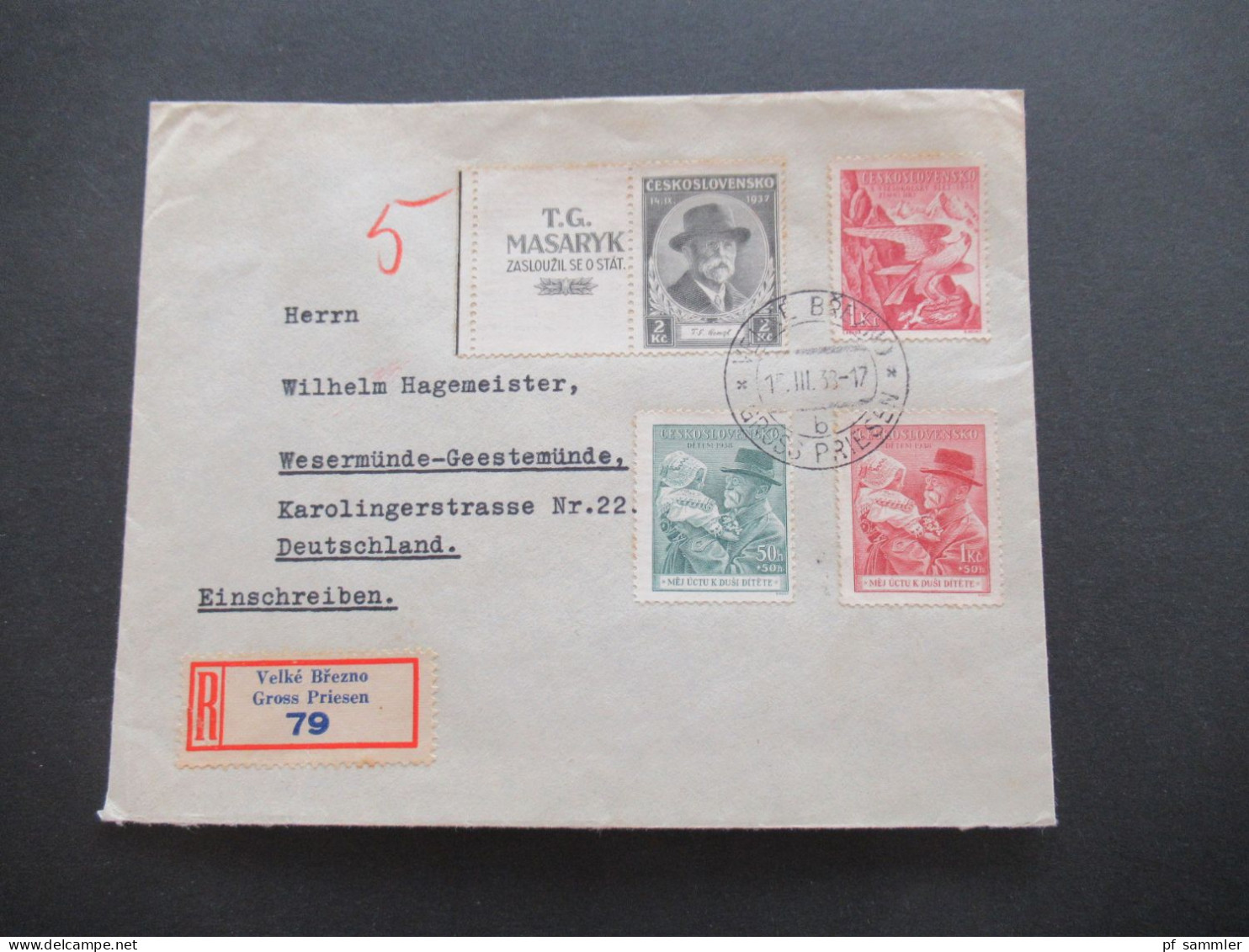 Tschechoslowakei CSSR 1938 Massaryk Mit Zierfeld Einschreiben Gross Priesen Nach Wesermünde Geestemünde / Bahnpost - Cartas & Documentos