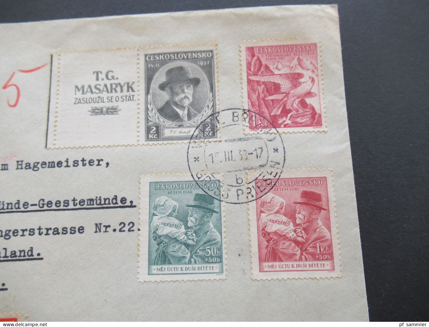 Tschechoslowakei CSSR 1938 Massaryk Mit Zierfeld Einschreiben Gross Priesen Nach Wesermünde Geestemünde / Bahnpost - Lettres & Documents