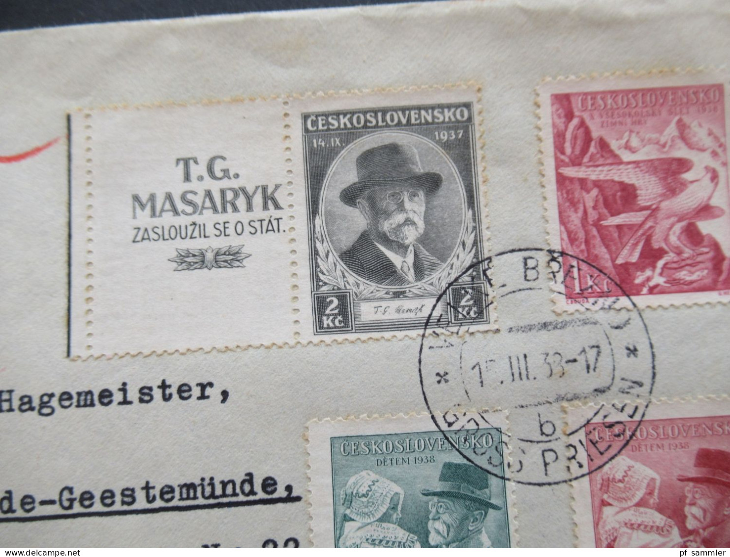 Tschechoslowakei CSSR 1938 Massaryk Mit Zierfeld Einschreiben Gross Priesen Nach Wesermünde Geestemünde / Bahnpost - Storia Postale