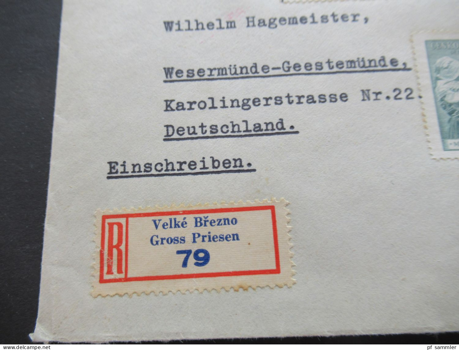 Tschechoslowakei CSSR 1938 Massaryk Mit Zierfeld Einschreiben Gross Priesen Nach Wesermünde Geestemünde / Bahnpost - Covers & Documents