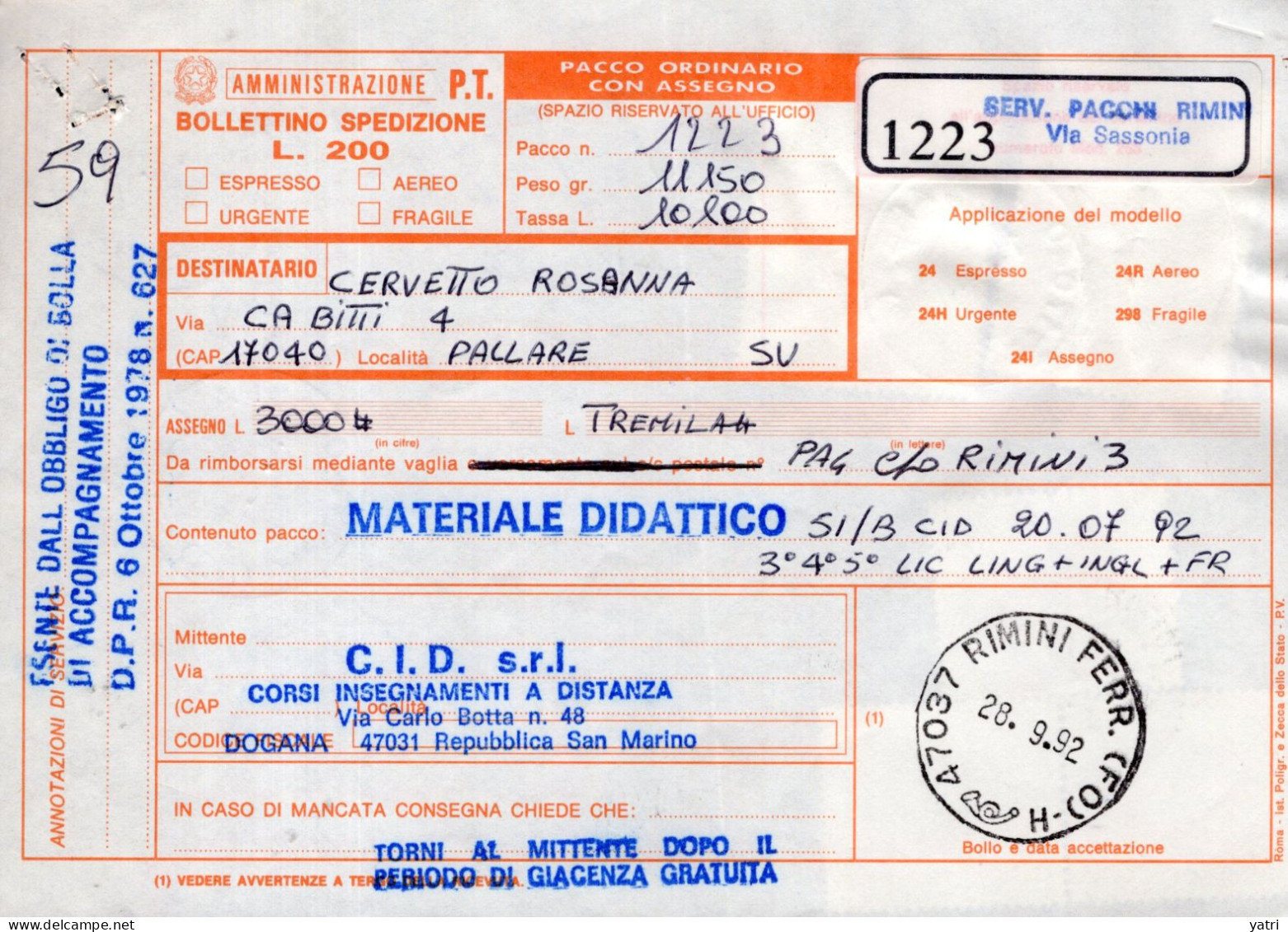 Italia (1992) - Bollettino Pacchi Contrassegno Da San Marino (spedito A Rimini) Per Pallare (SV) - (materiale Didattico) - Postpaketten