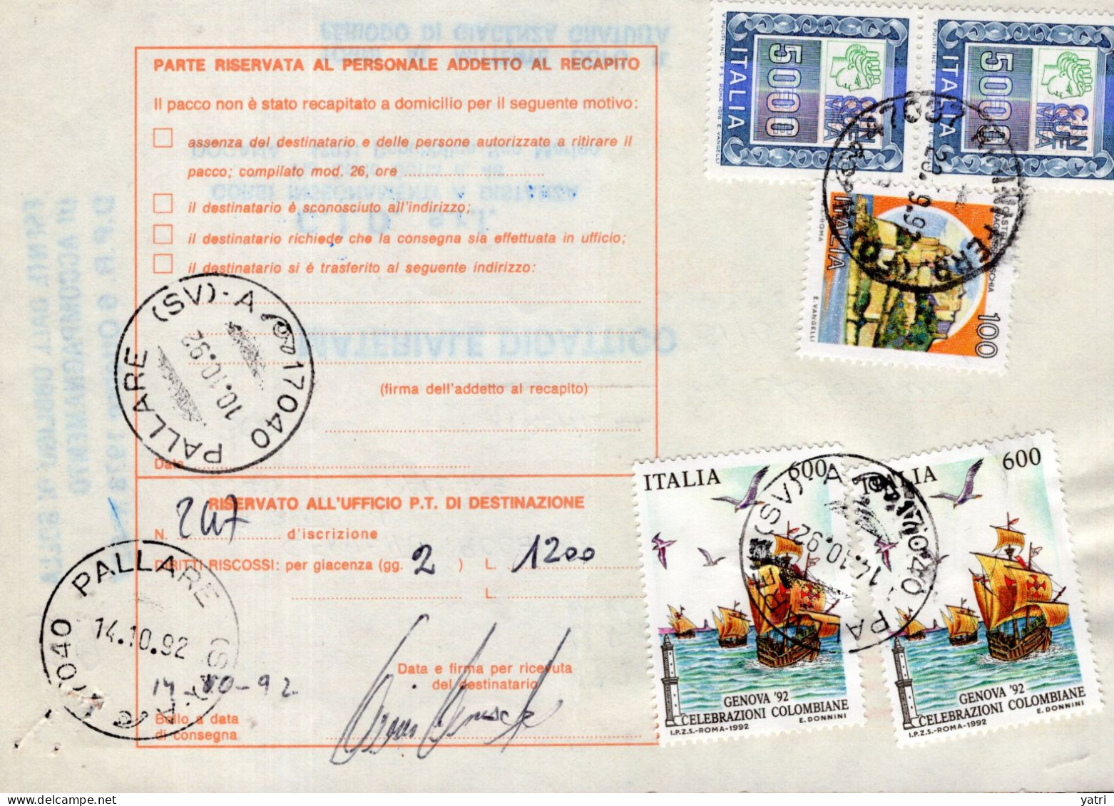 Italia (1992) - Bollettino Pacchi Contrassegno Da San Marino (spedito A Rimini) Per Pallare (SV) - (materiale Didattico) - Paketmarken