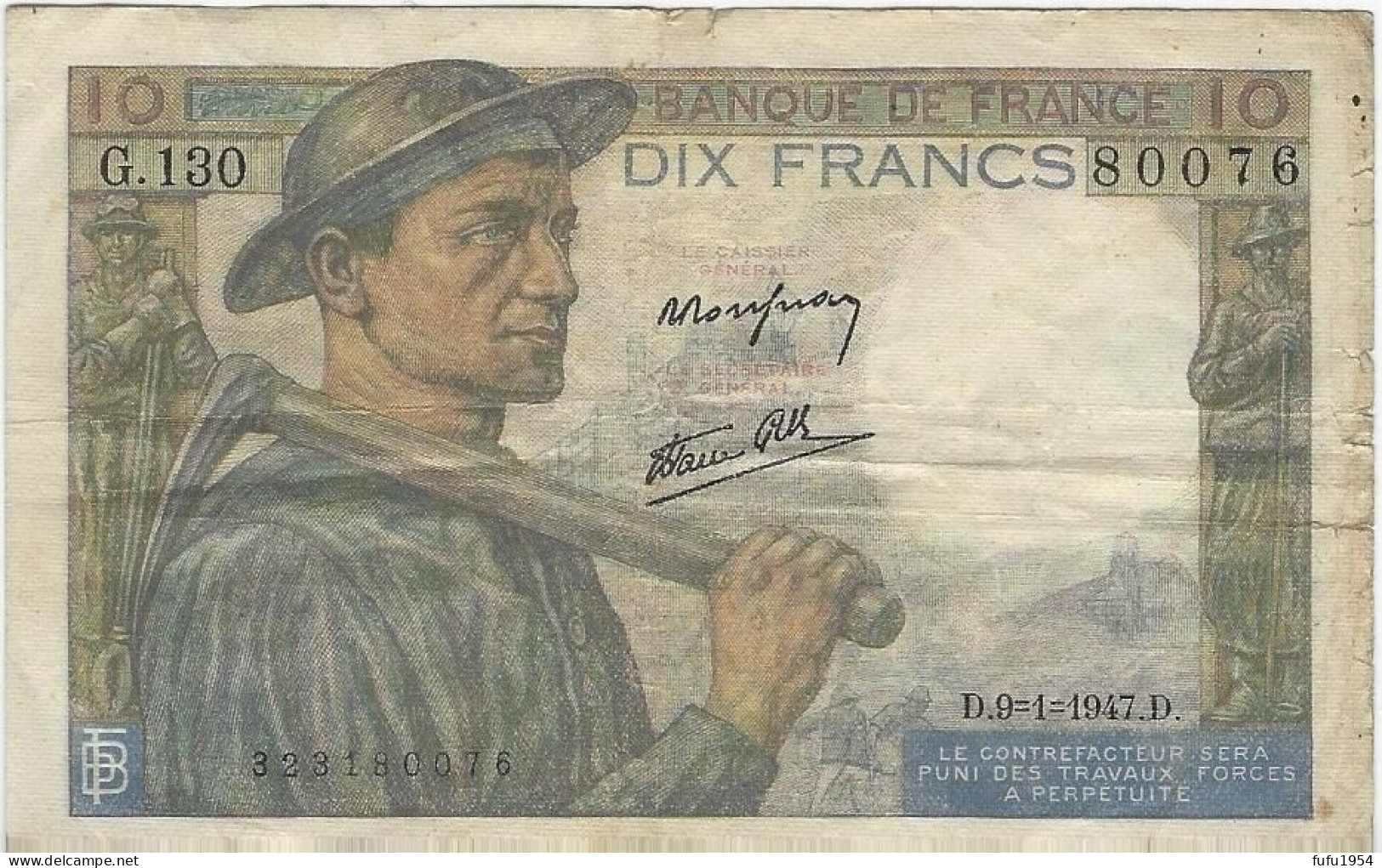 Billet 10 Frs " Mineur " - 9 Janvier 1947 - 10 F 1941-1949 ''Mineur''