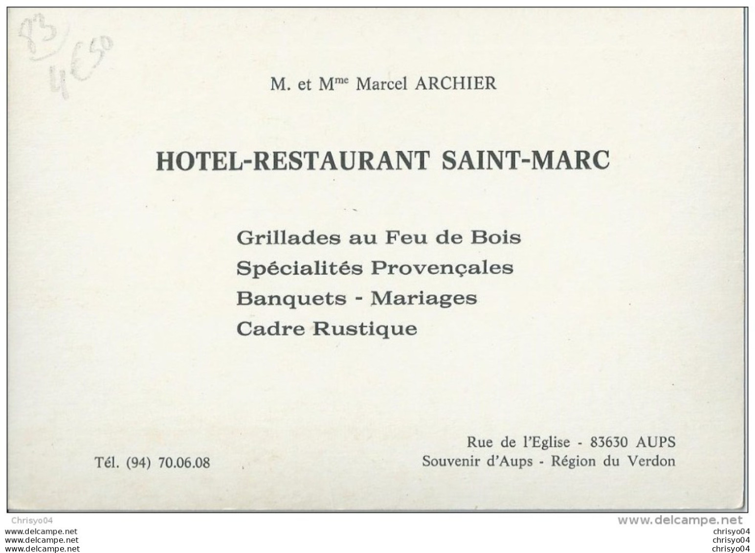 44Ri    83 Aups Hotel Restaurant St Marc Rue De L'église - Aups