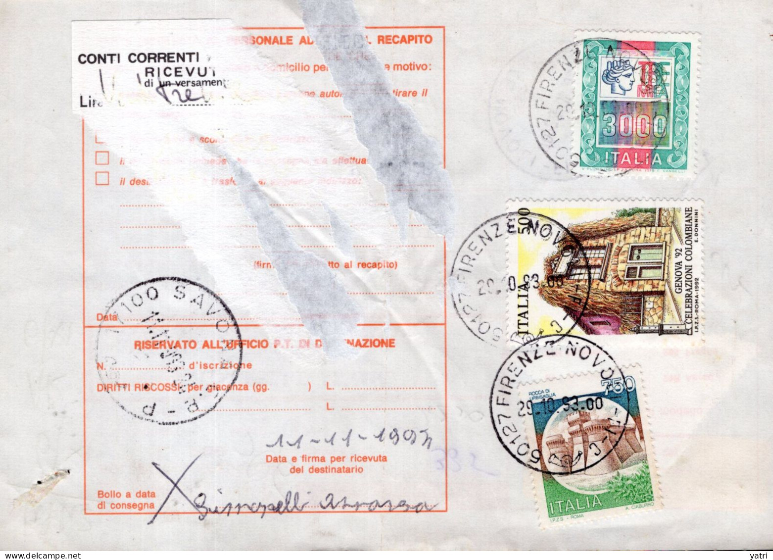 Italia (1993) - Bollettino Pacchi Contrassegno Da Firenze Per Savona (tritino) - Colis-postaux