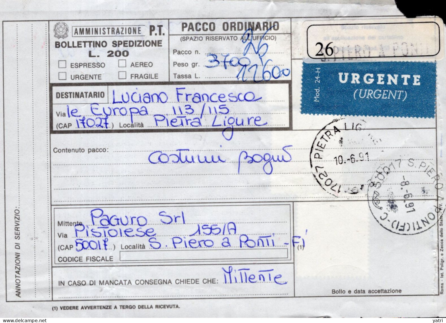 Italia (1991) - Bollettino Pacchi Urgente Da San Pietro A Ponti Per Pietra Ligure (costumi Da Bagno) - Pacchi Postali