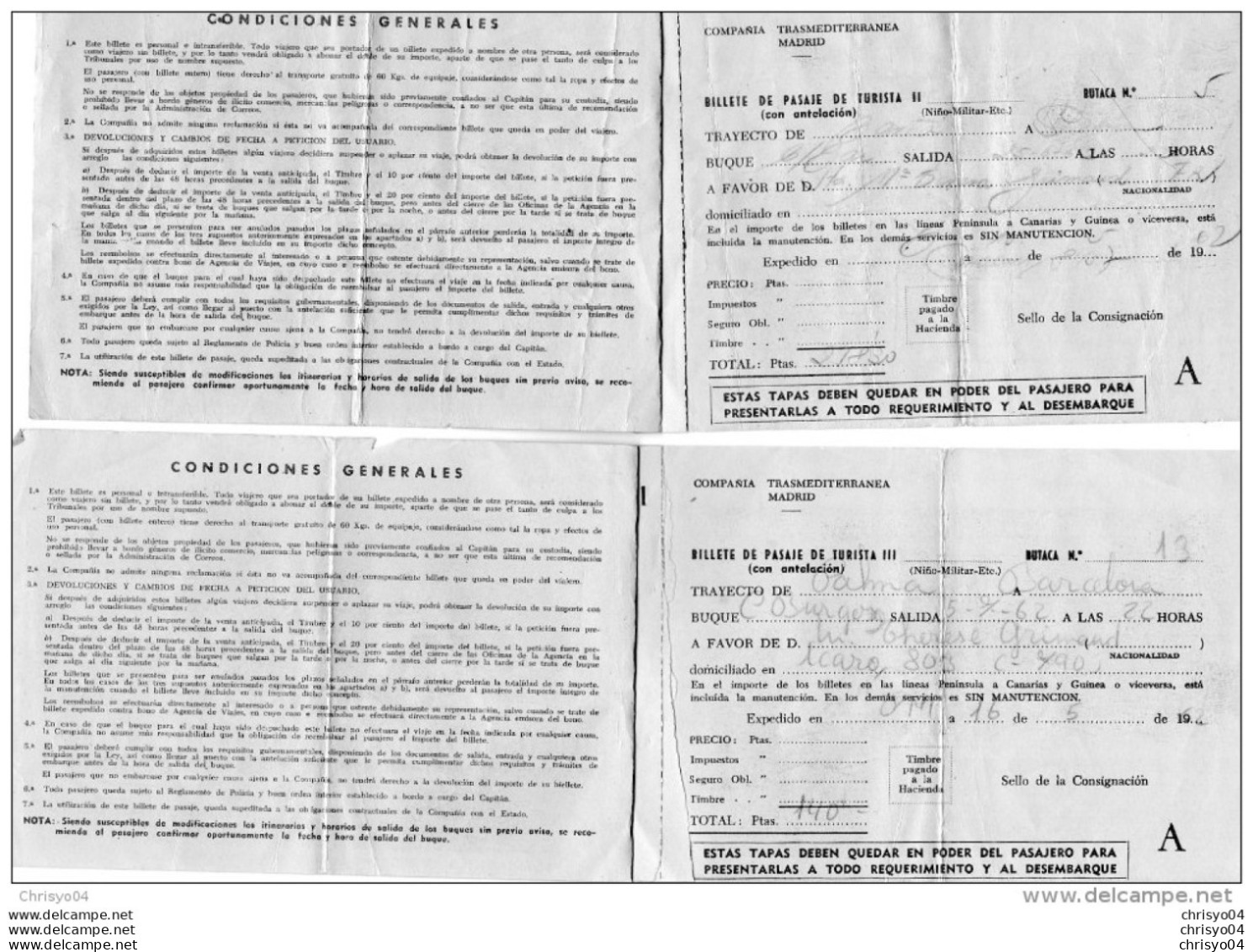 510Bf   Espagne Lot De 2 Billets Bateau Billete De Pasaje De Turista II Et III Butaca - Autres & Non Classés